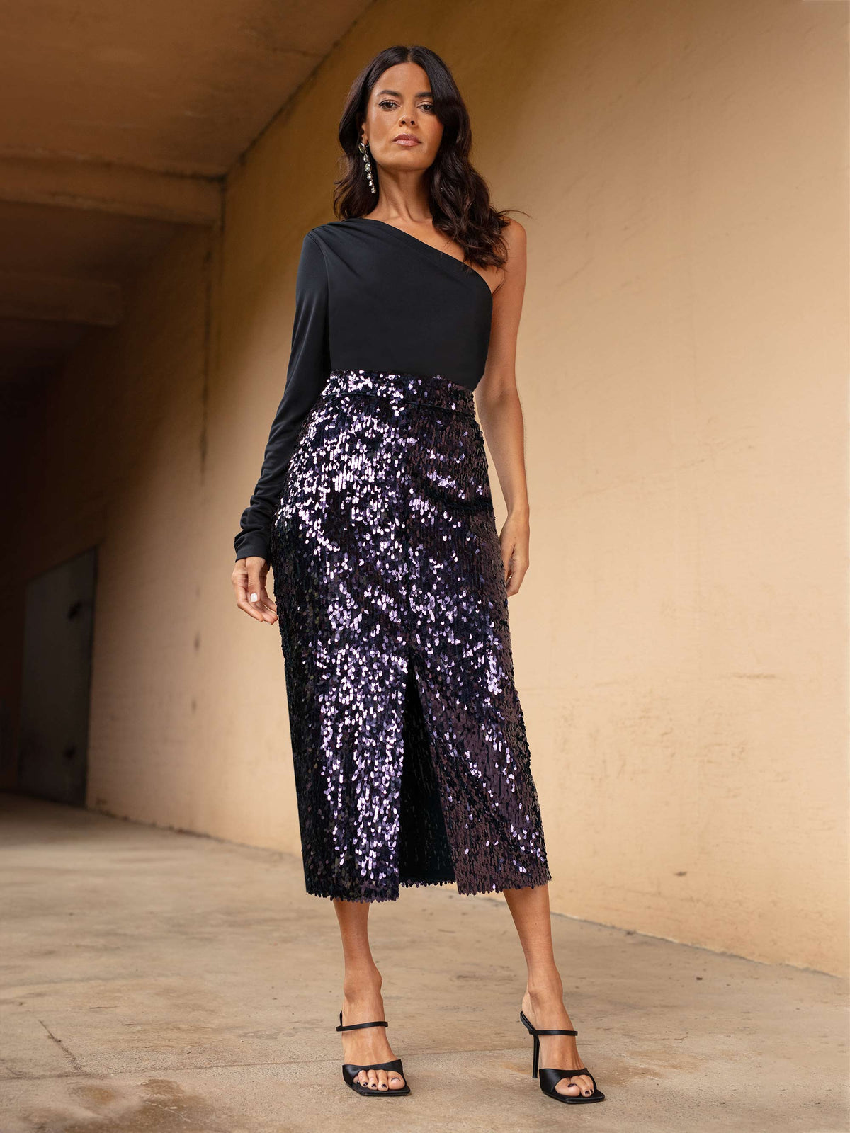 Purple Sequin Split Front Skirt