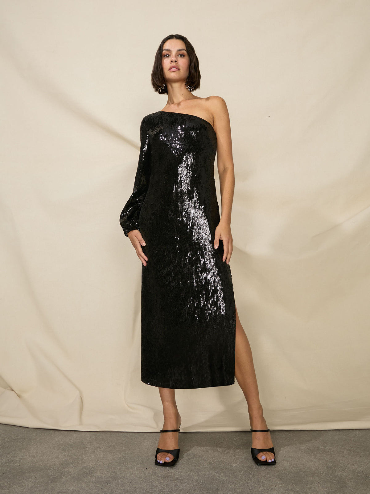 Petite Selena Black Sequin One Shoulder Dress