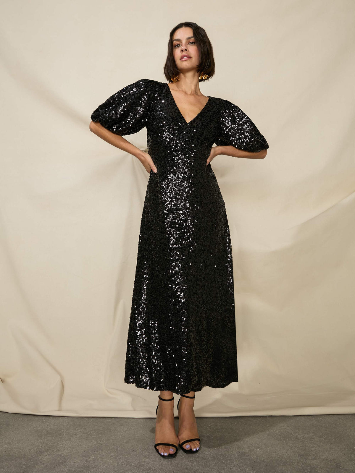 Petite Evora Black Sequin Midi Dress