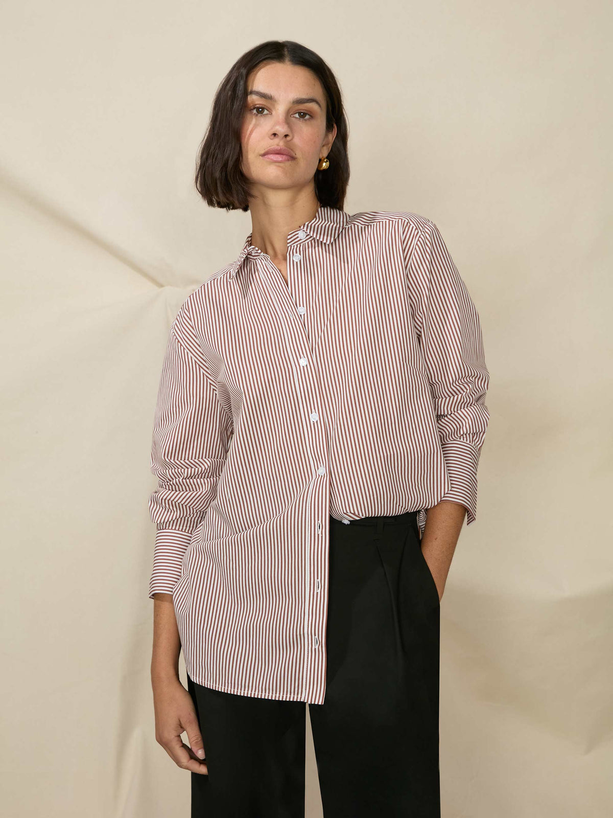 Brown Oversized Pinstripe Cotton Shirt