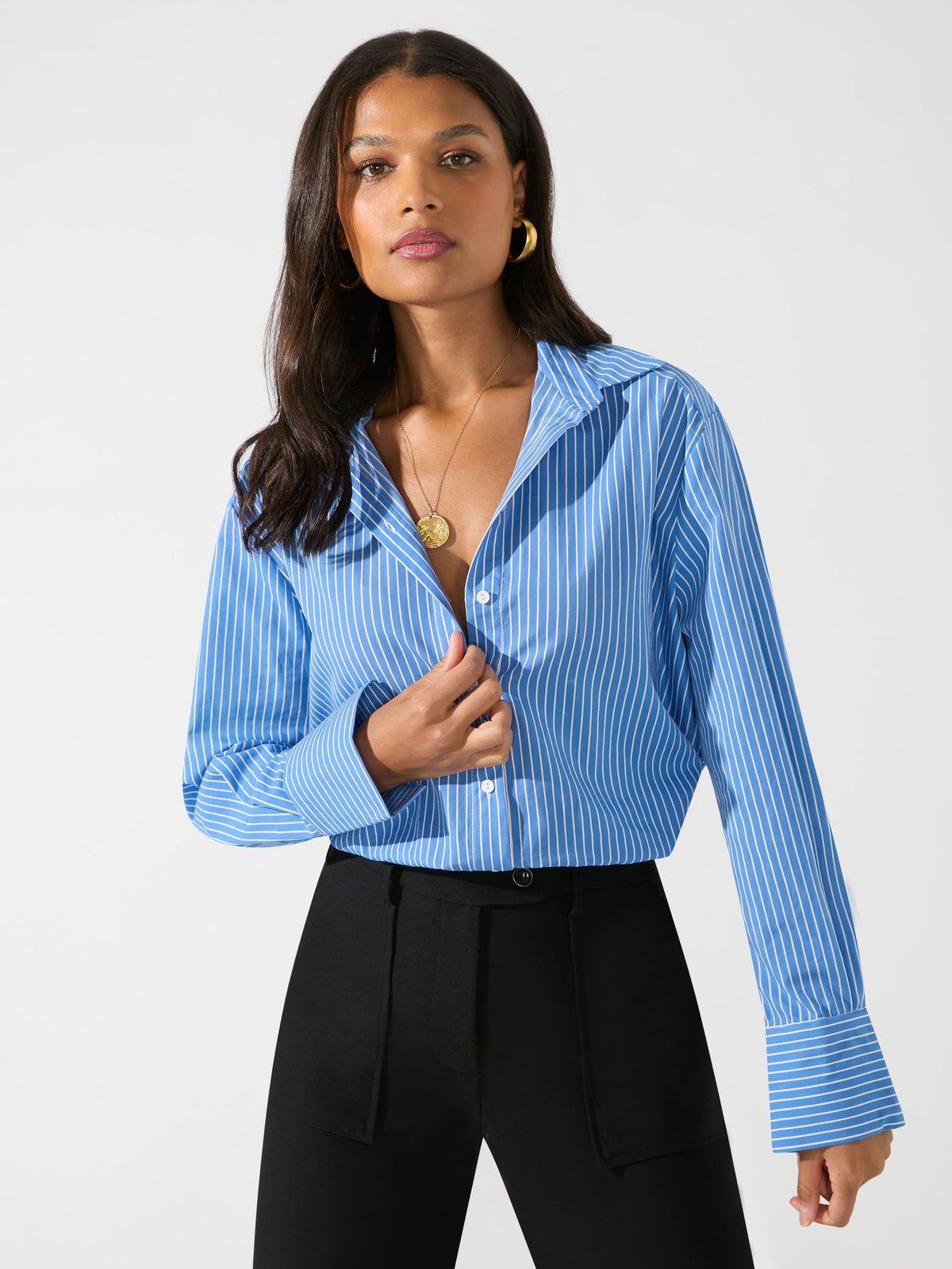 Petite Blue Oversized Pinstripe Cotton Shirt