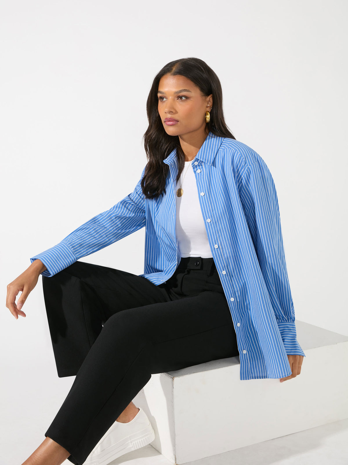 Petite Blue Oversized Pinstripe Cotton Shirt