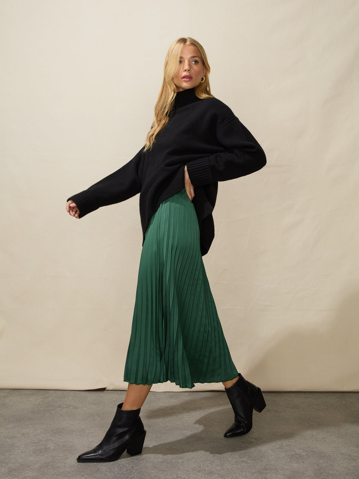 Green Pleated Satin Midi Skirt