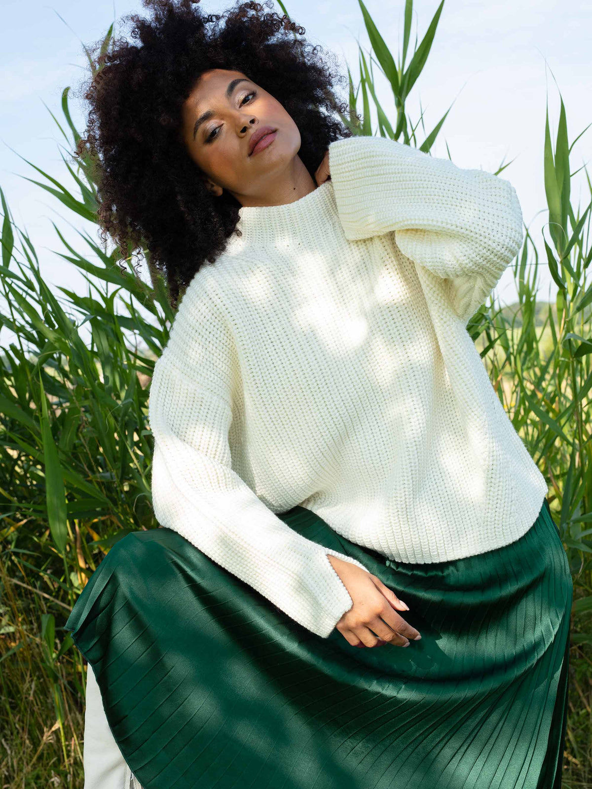 Green Pleated Satin Midi Skirt