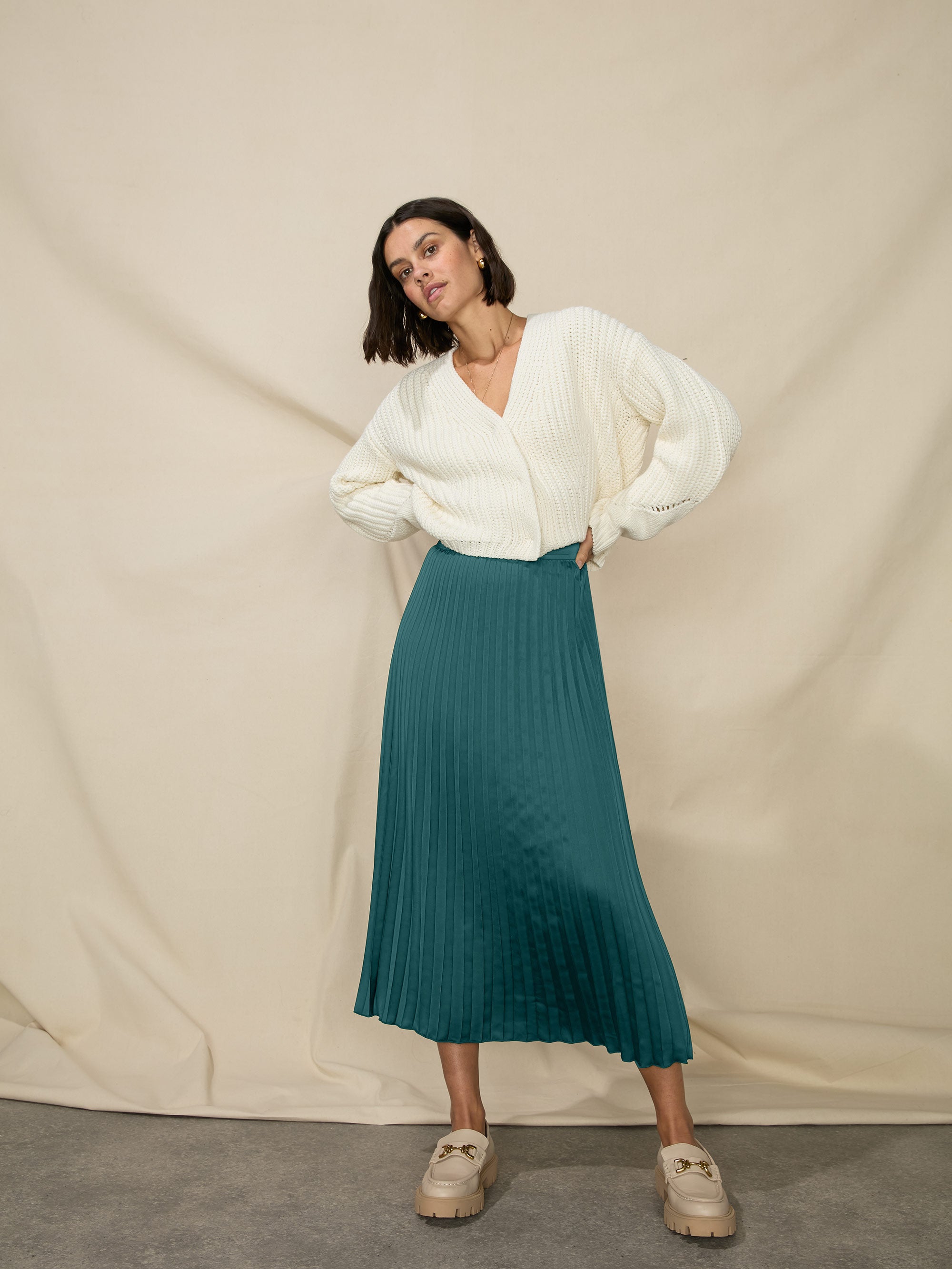 Petite Green Pleated Satin Midi Skirt Ro Zo