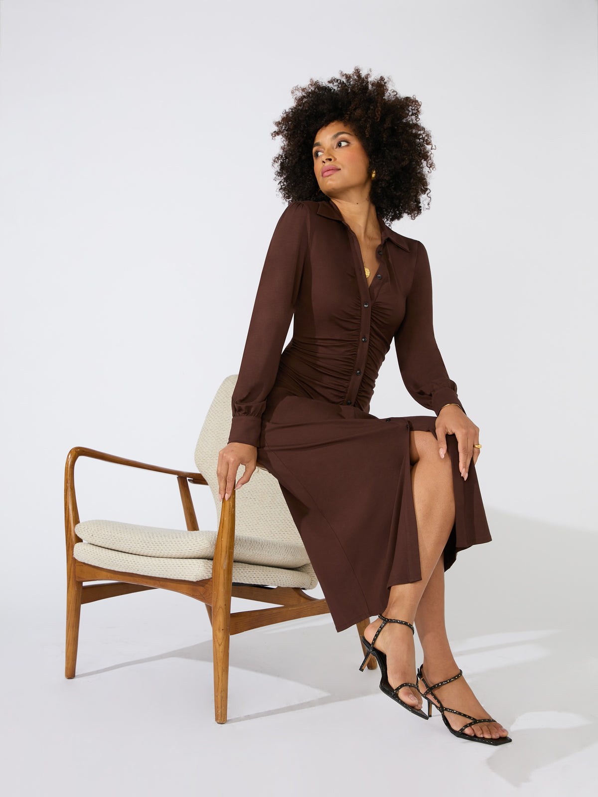 Brown Jersey Ruched Front Dress