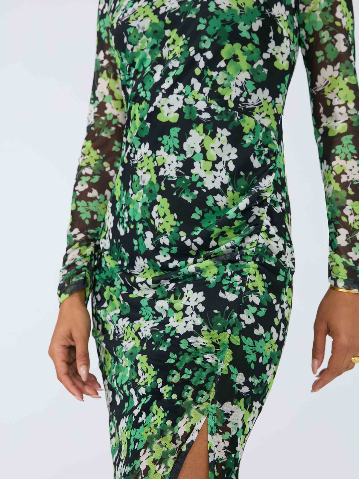 Green Floral Mesh Split Side Midi Dress