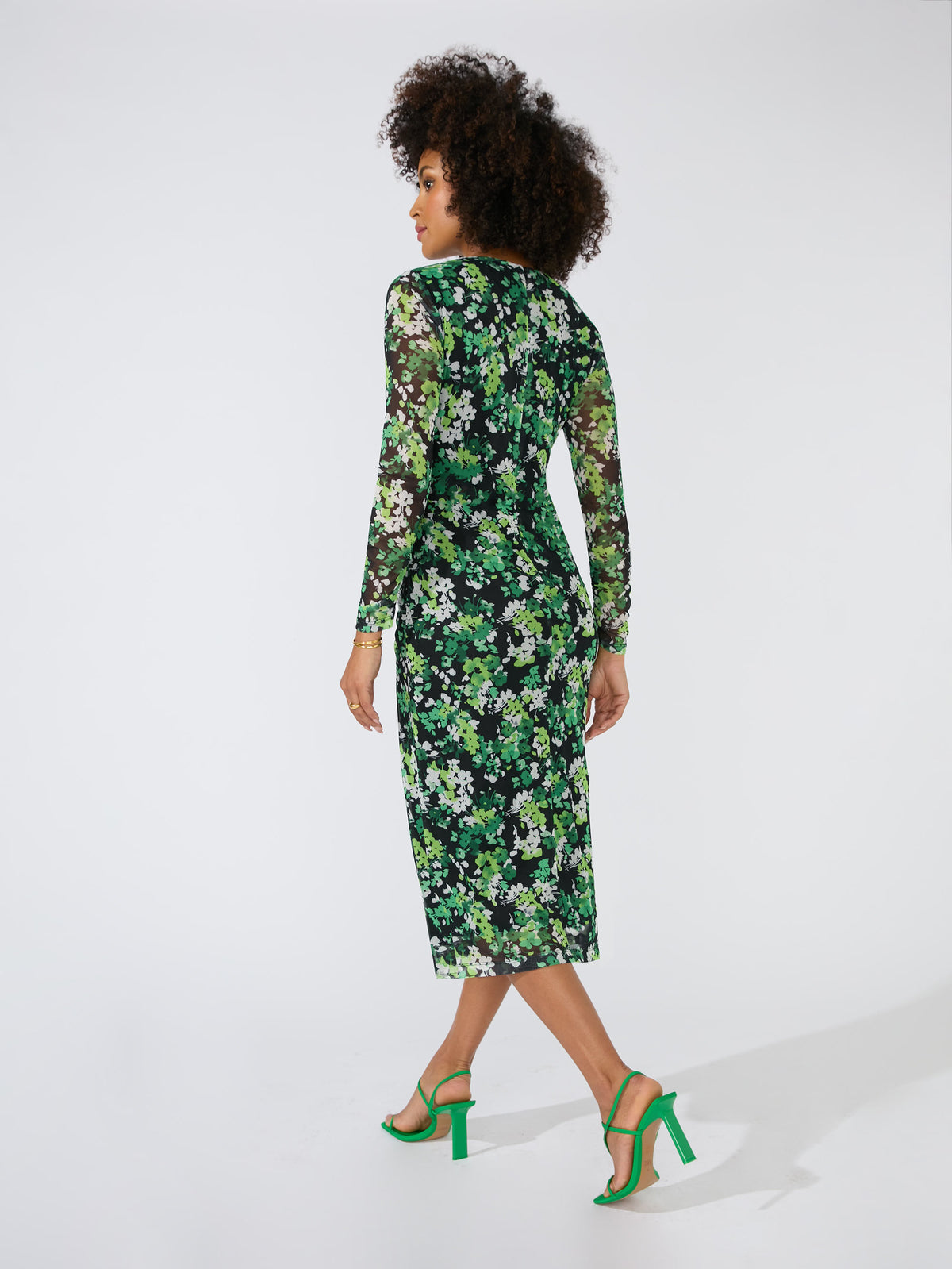 Green Floral Mesh Split Side Midi Dress