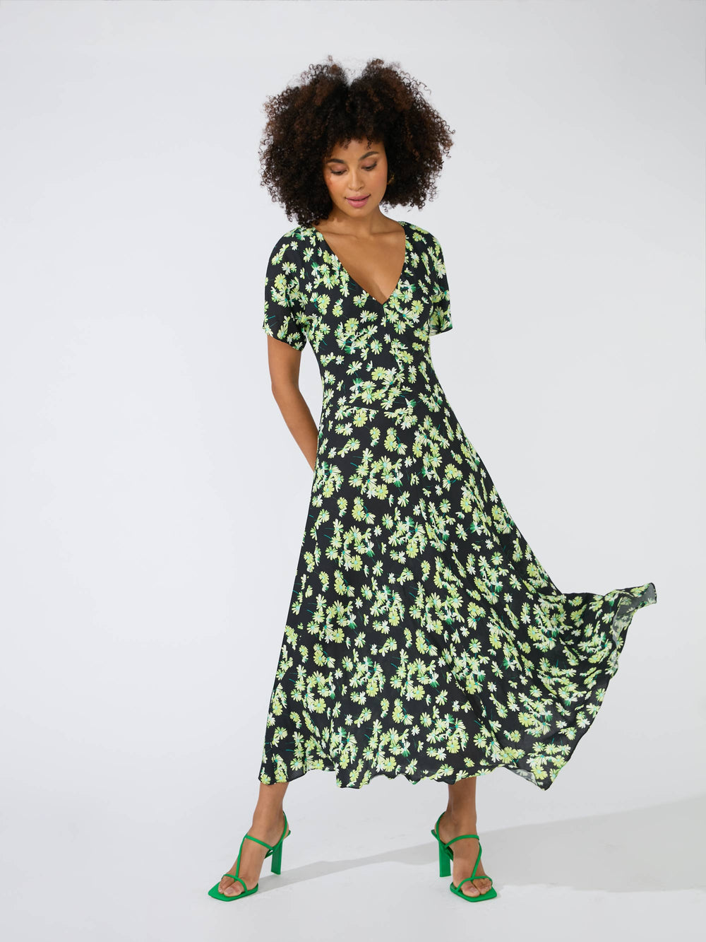 Indigo Flowers Olive Green Plus Size Rockabilly Midi Dress - Jadis