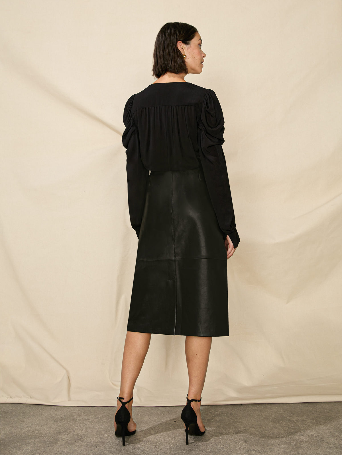 Petite Black Leather Midi Skirt