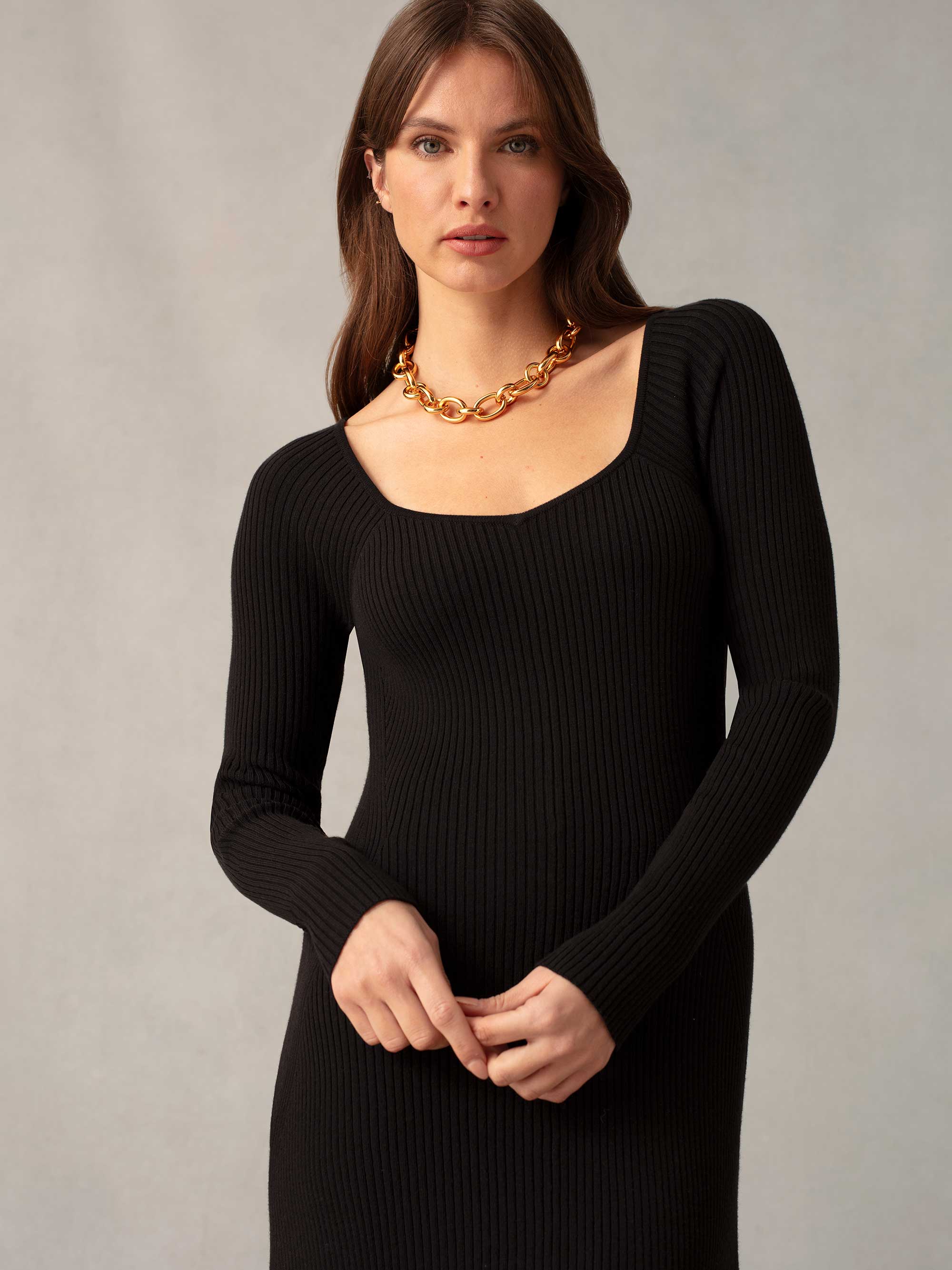 Black Rib Knit Sweetheart Neckline Midi Dress Ro Zo