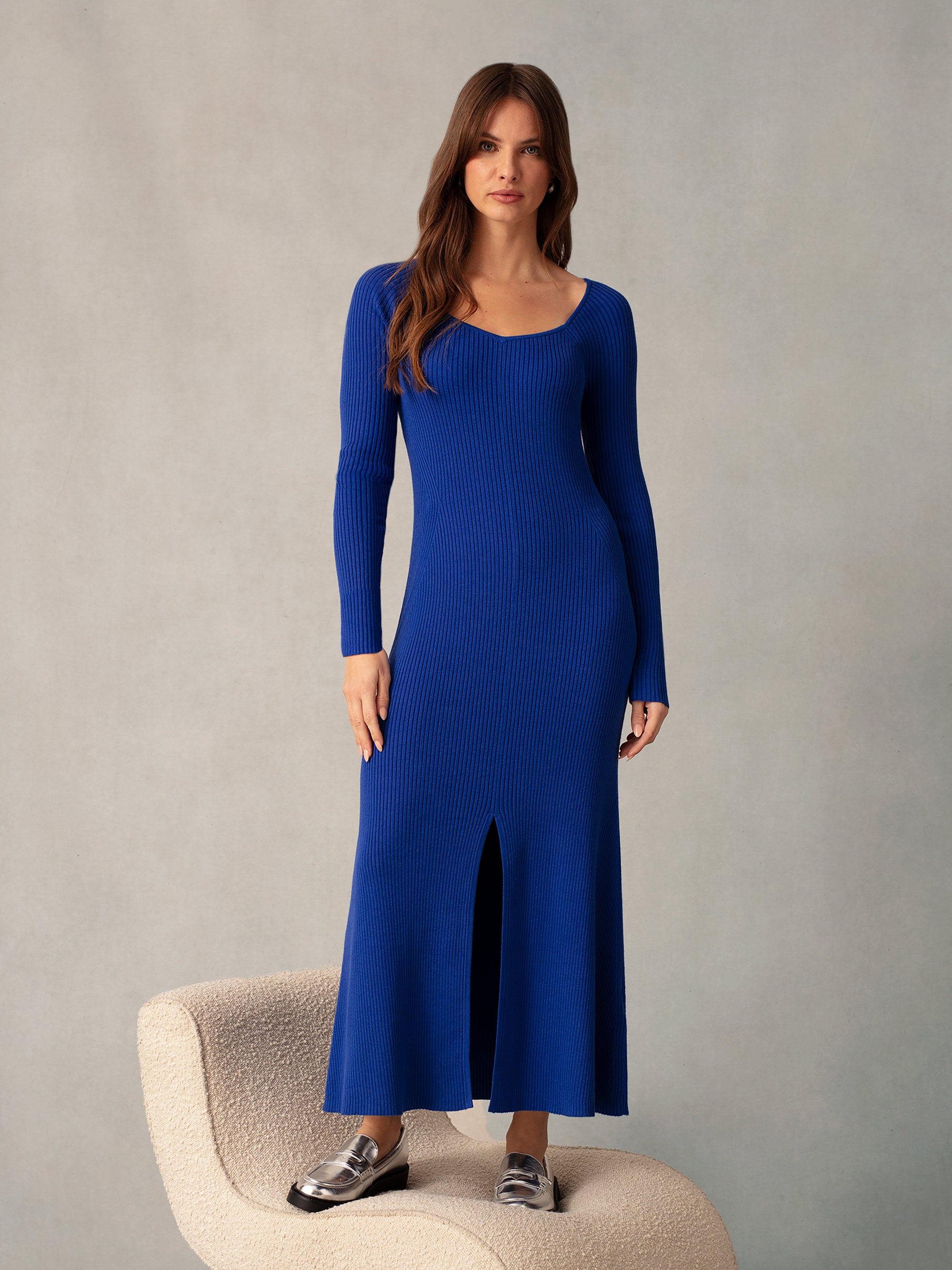 Riu Monogram jacquard nosleeve dress セット Blue Rib Knit Sweetheart Neckline Midi Dress – Ro&Zo