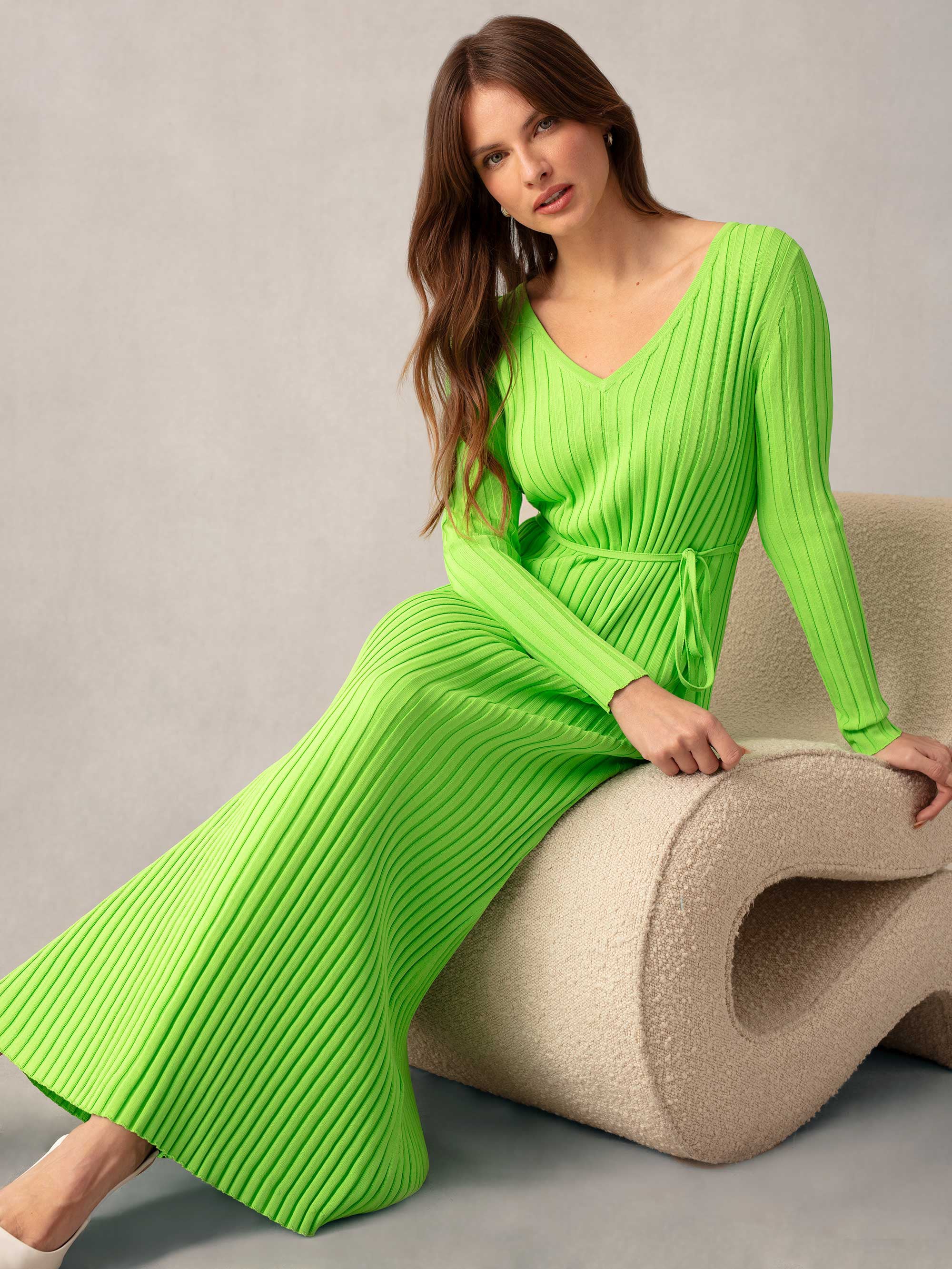 Lime Wide Rib Knit V Neck Maxi Dress Ro Zo