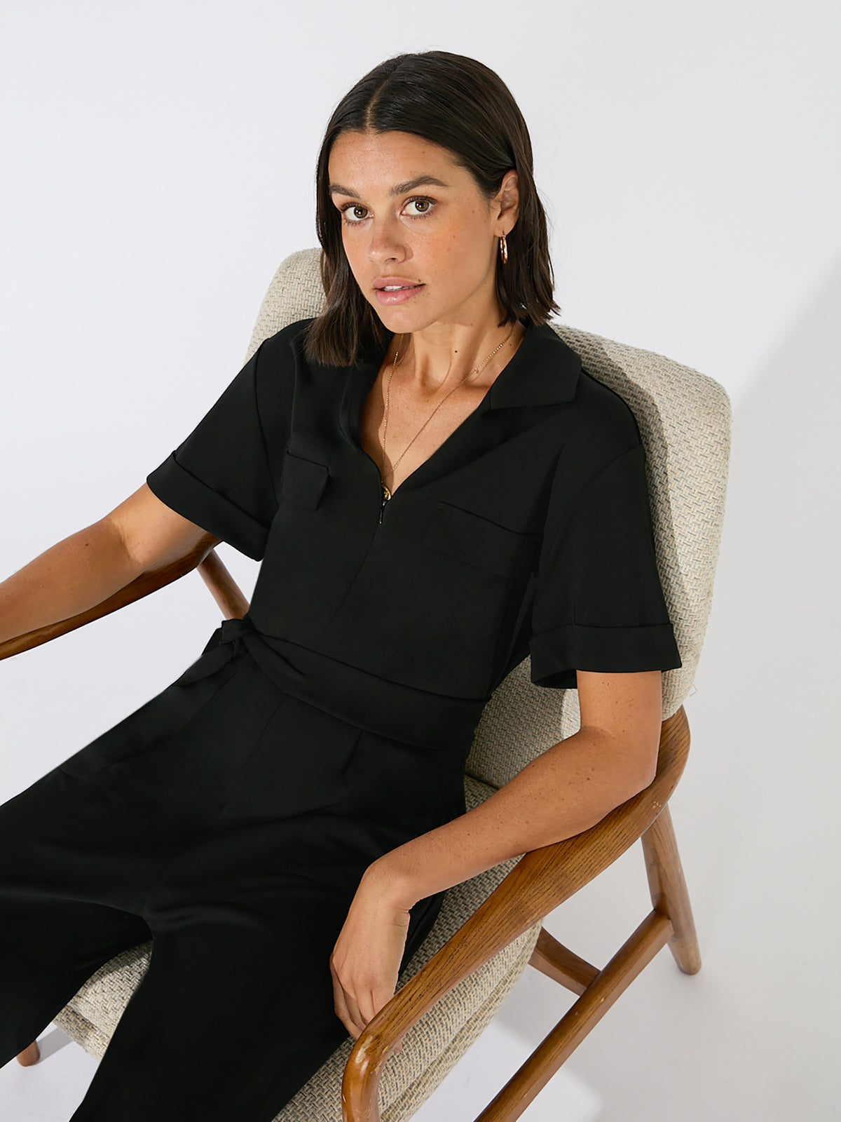 Petite Black Jersey Crepe Short Sleeve Jumpsuit