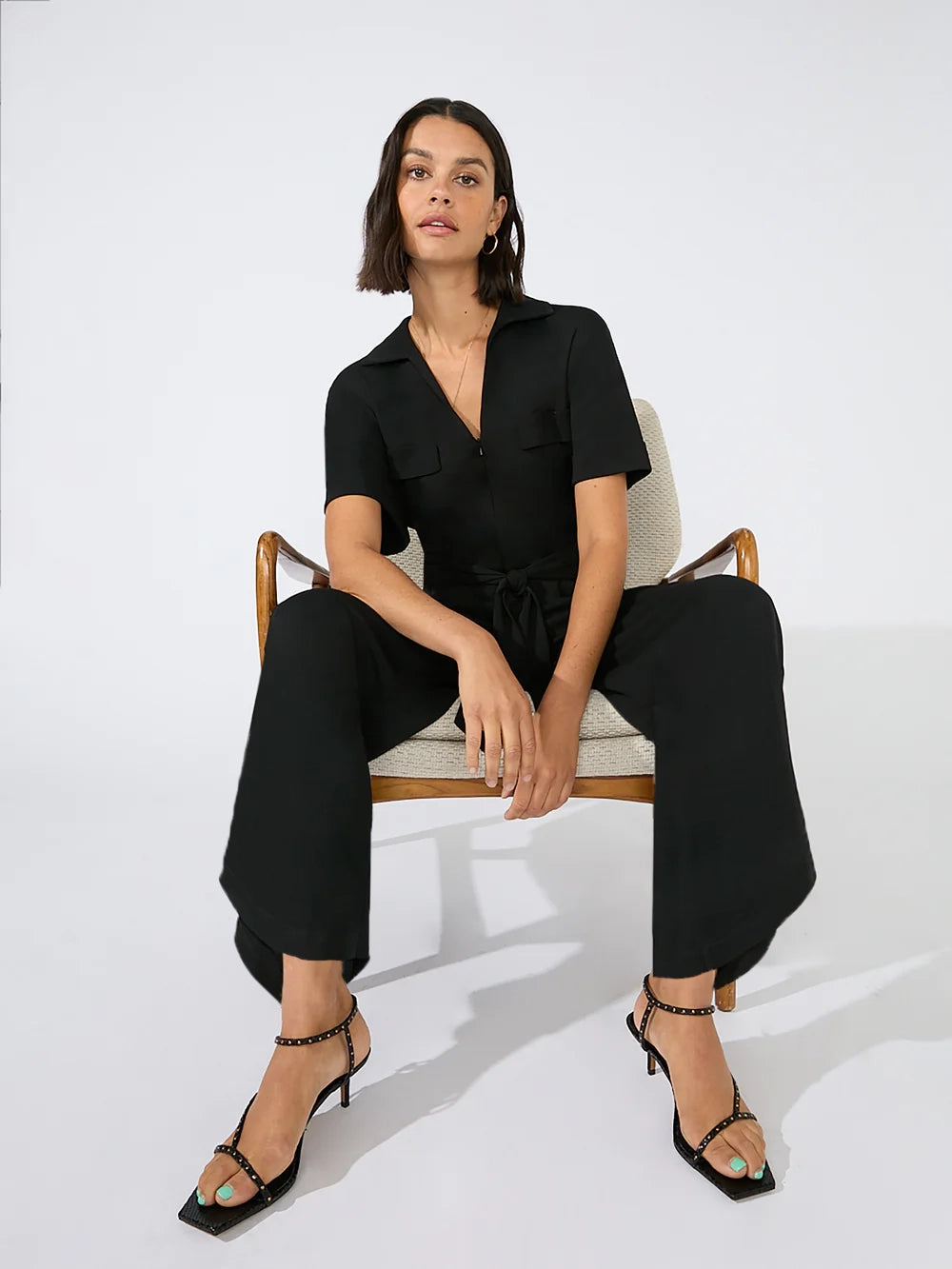 Petite Black Jersey Crepe Short Sleeve Jumpsuit – Ro&Zo
