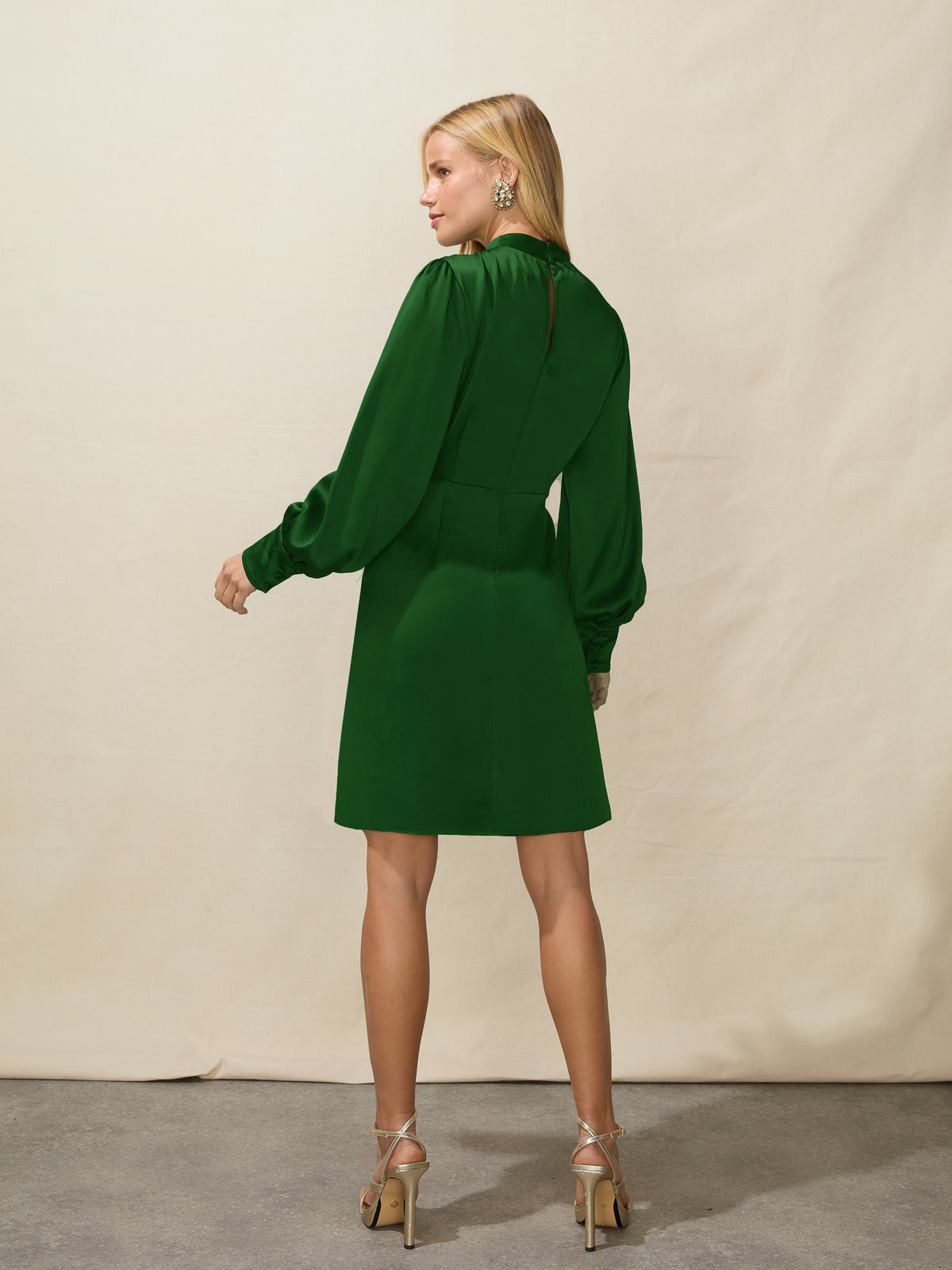 Green Satin High Neck Wrap Skirt Dress