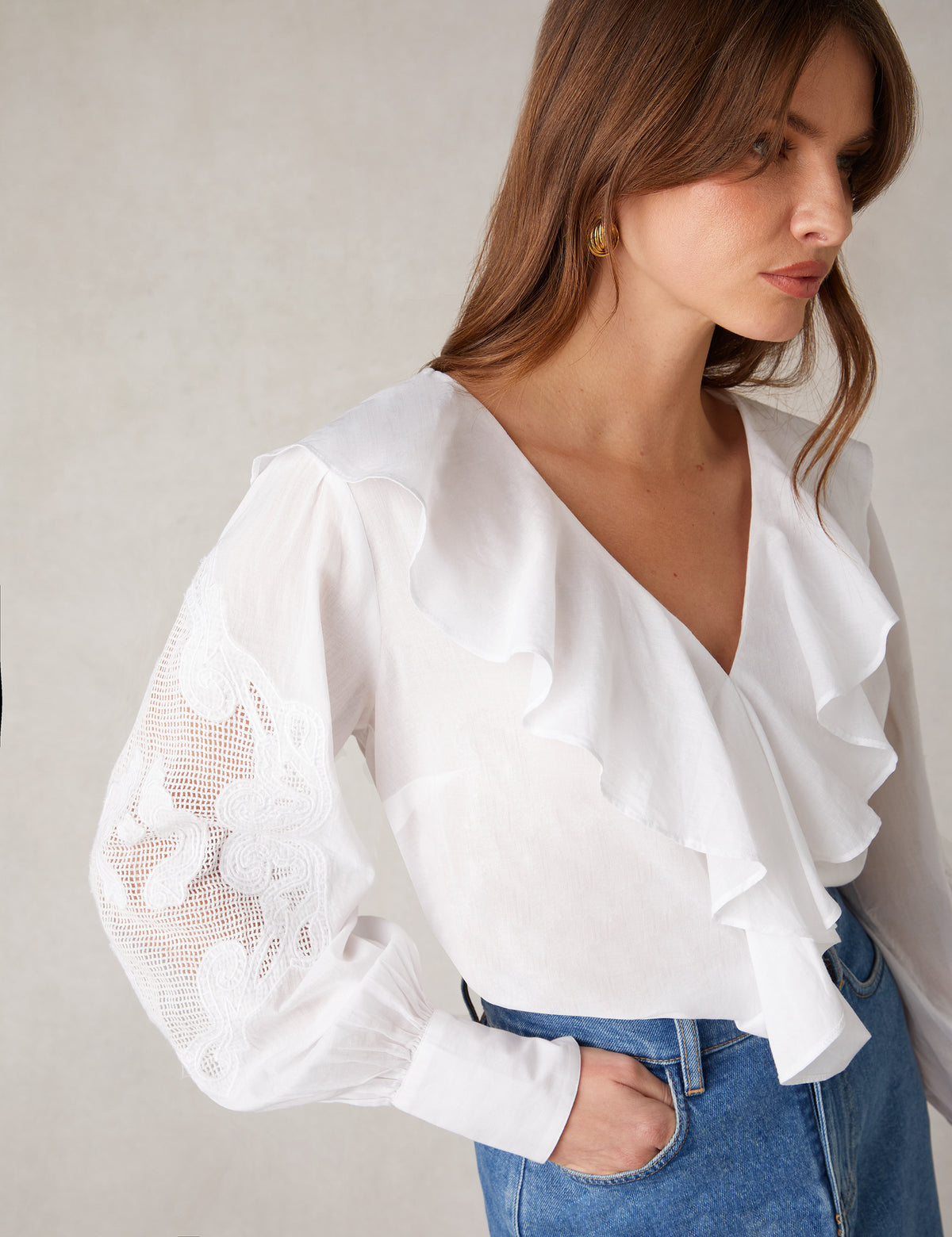 White Embroidery Mesh Sleeve Blouse