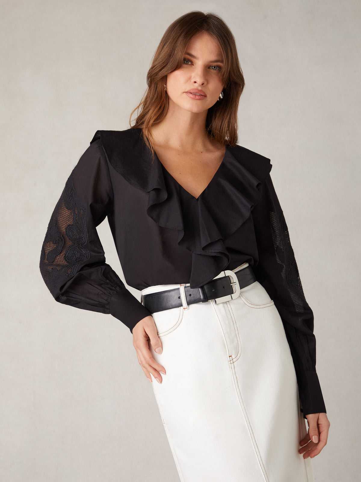 Black Embroidery Mesh Sleeve Blouse