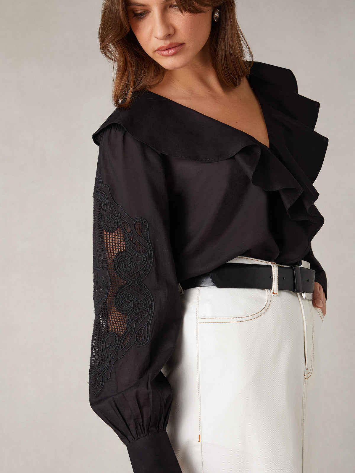Black Embroidery Mesh Sleeve Blouse