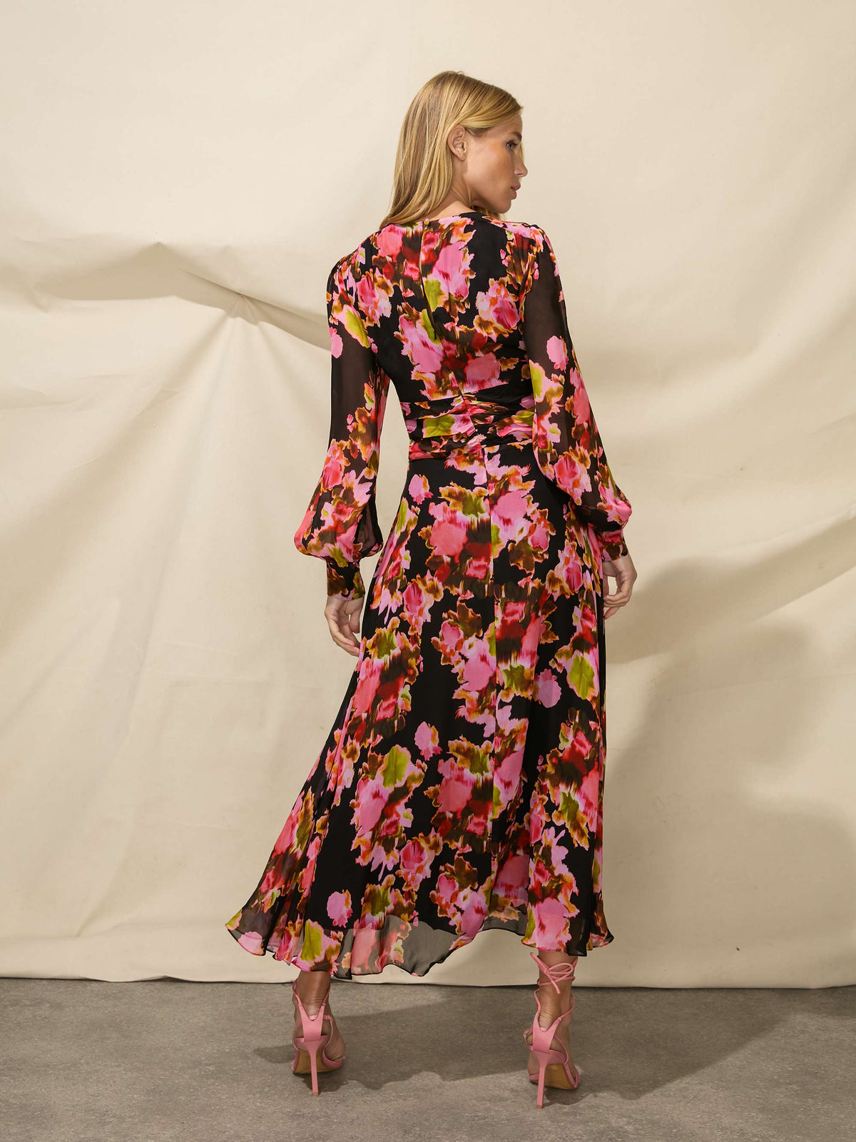 Blurred Floral V-Neck Midi Dress