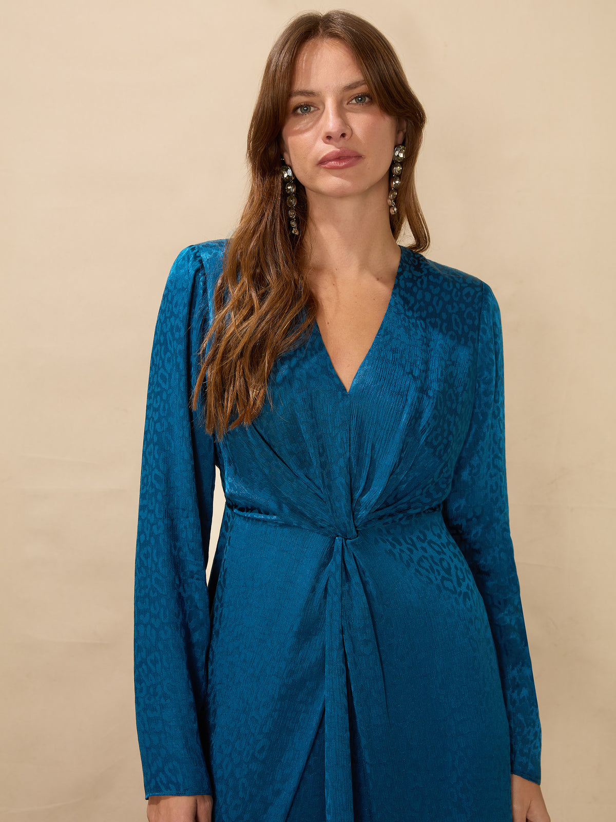 Blue Satin Jacquard Twist Front Dress
