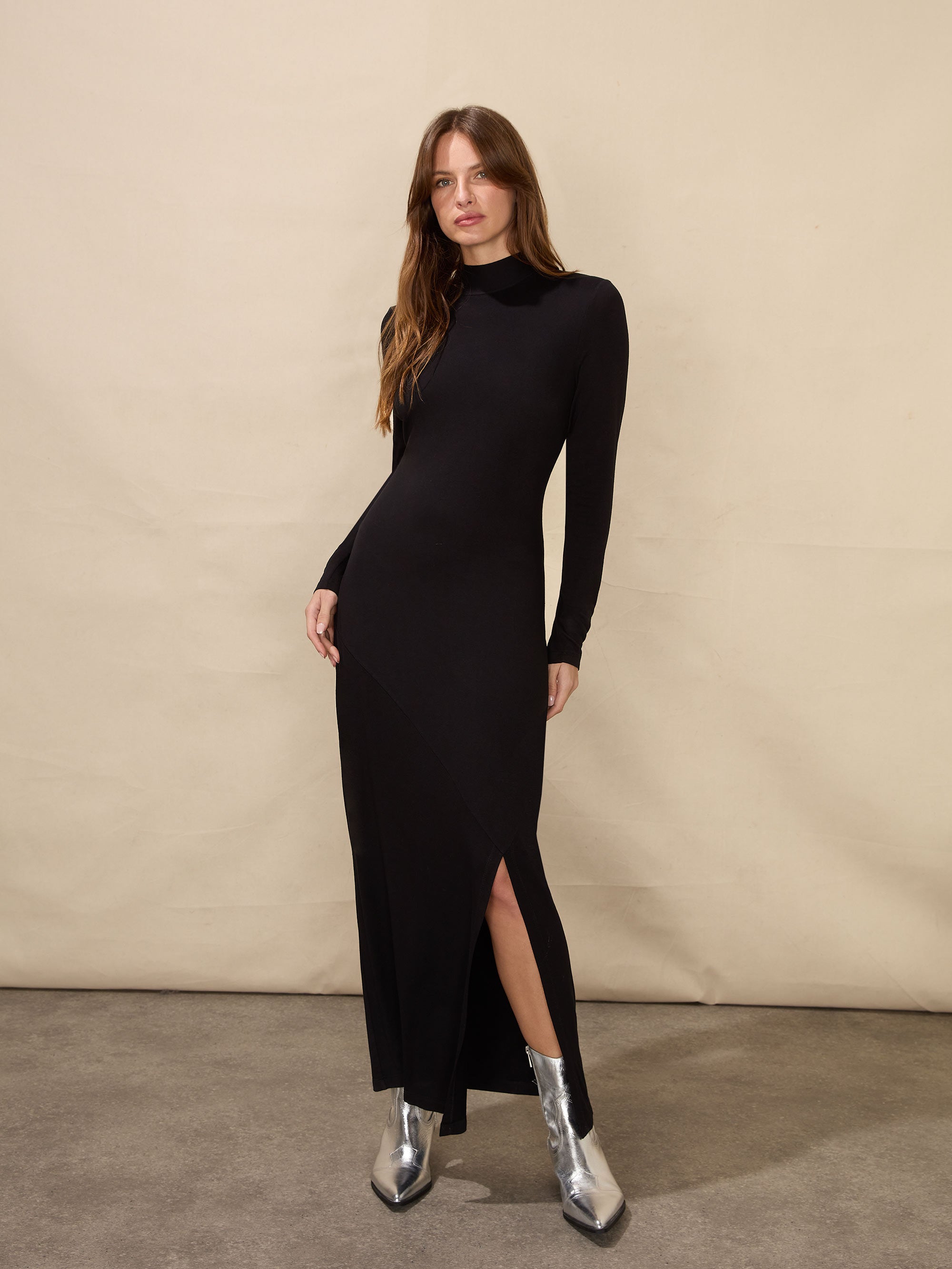 Black High Neck Split Leg Jersey Dress Ro Zo