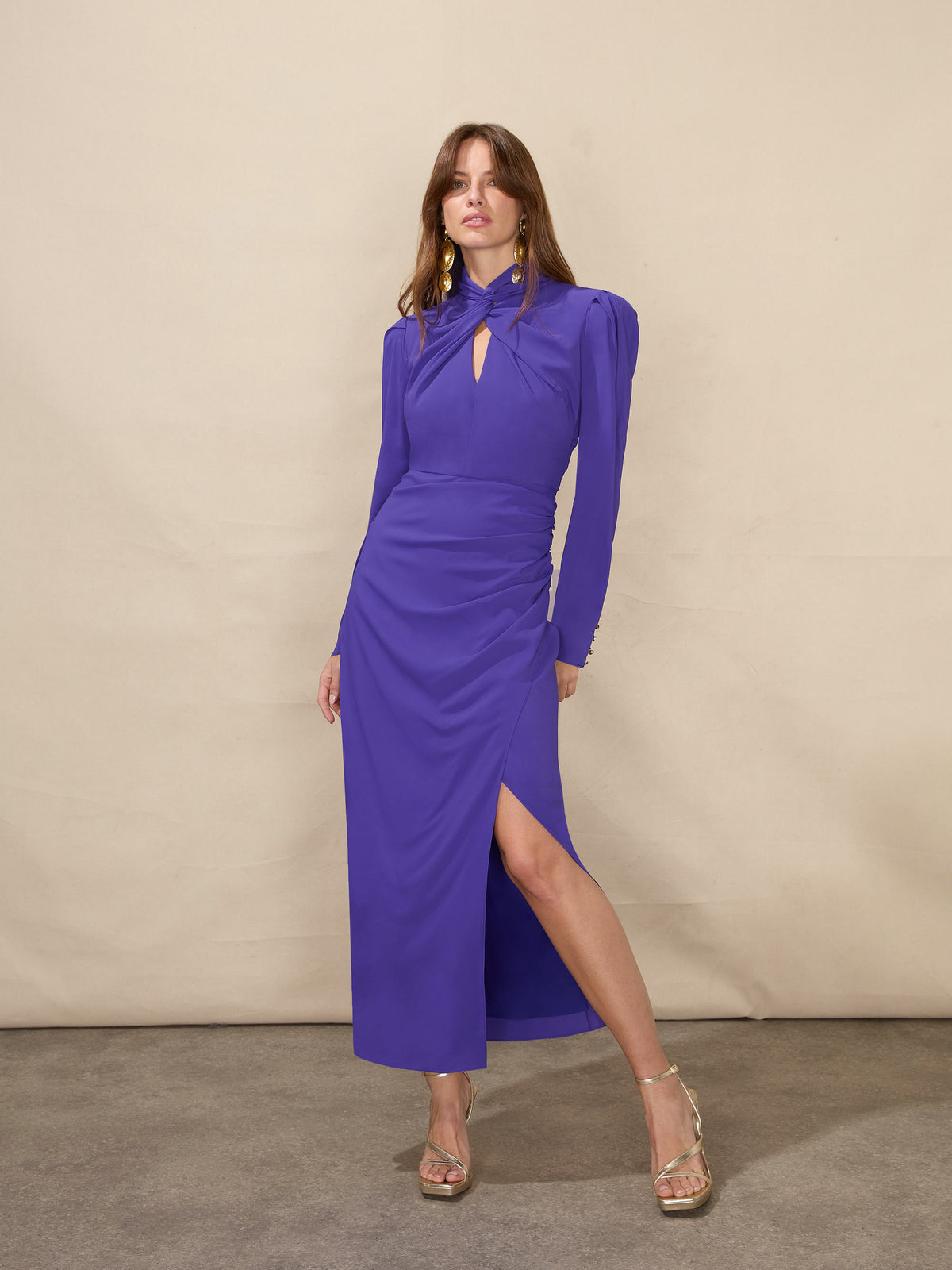 Allegra Purple Crepe Twist Neck Midi Dress