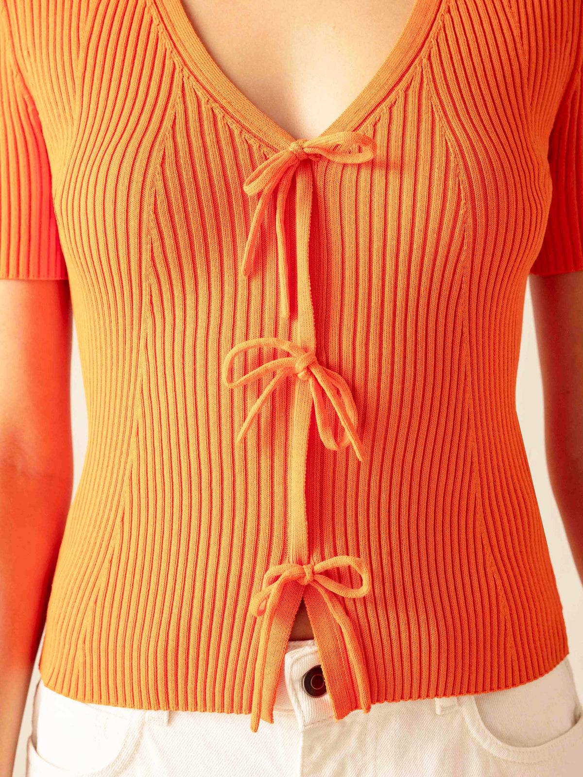 Orange Tie Front Ribbed Top