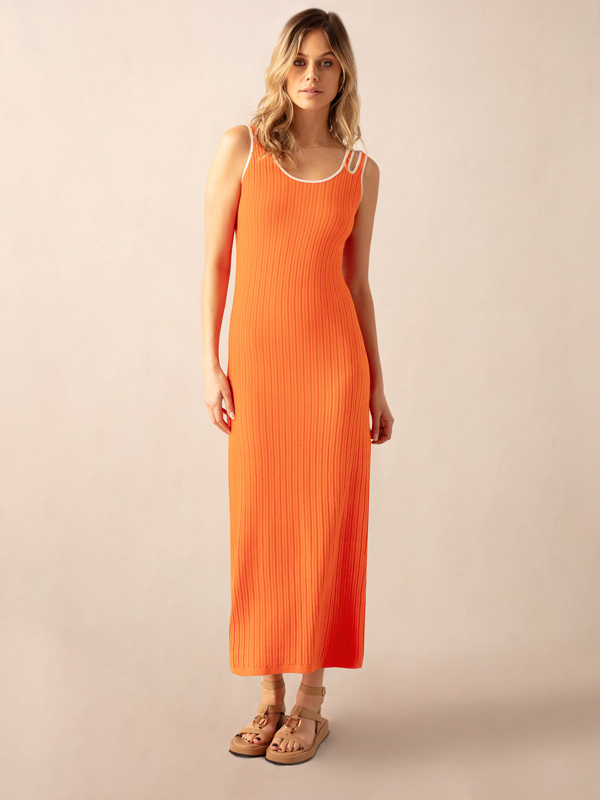Orange Contrast Cut Out Shoulder Knit Dress