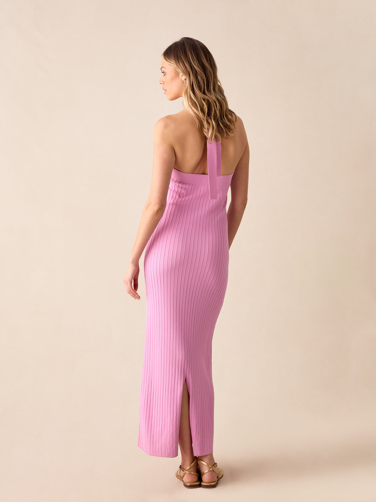 Pink Ribbed Knit Halter Dress