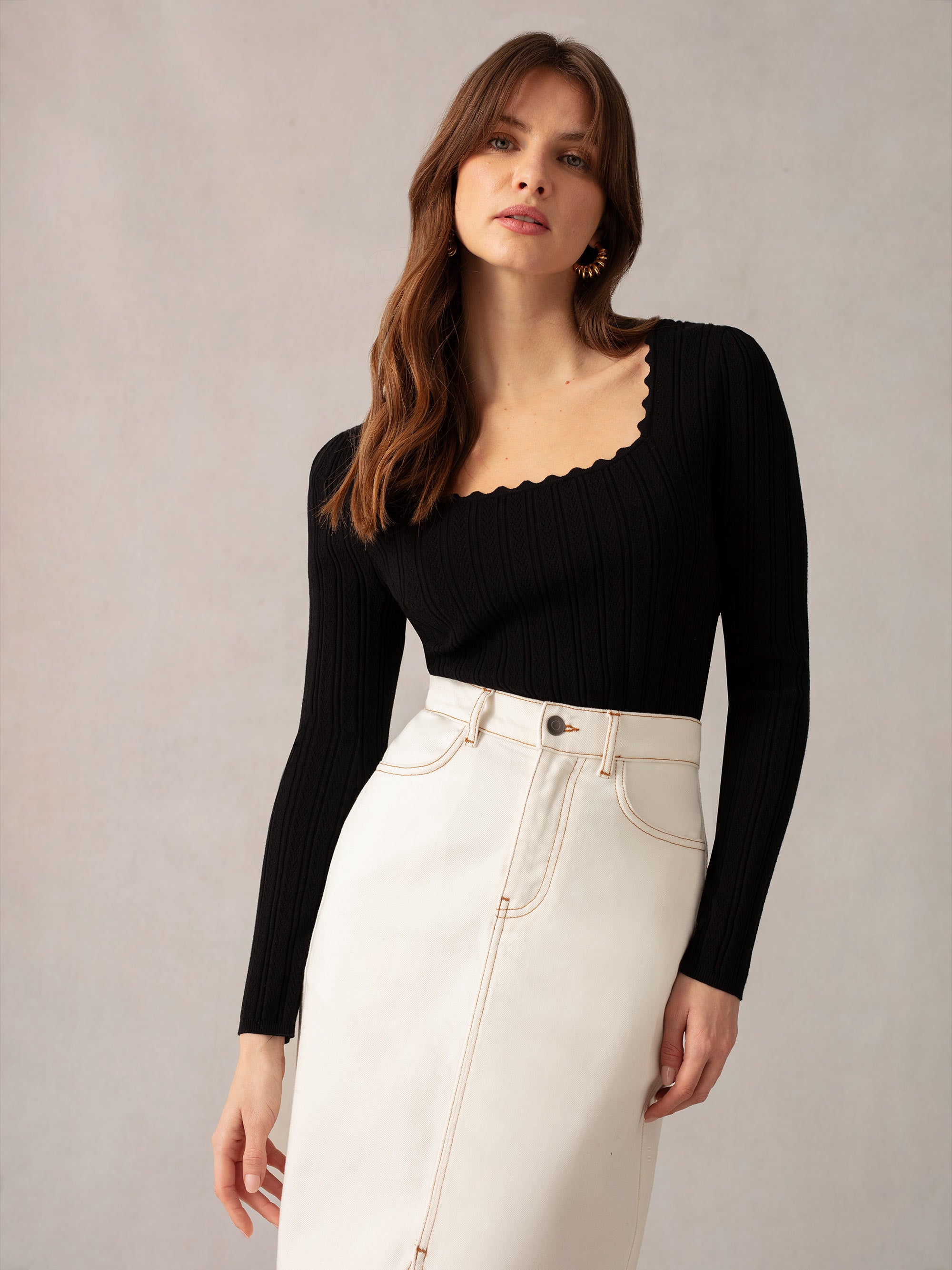 さらに100円引き◆ROMANTIC CROWN◆SQUARE NECK RIBBED TOP Black Knit Square Neck Top – Ro&Zo