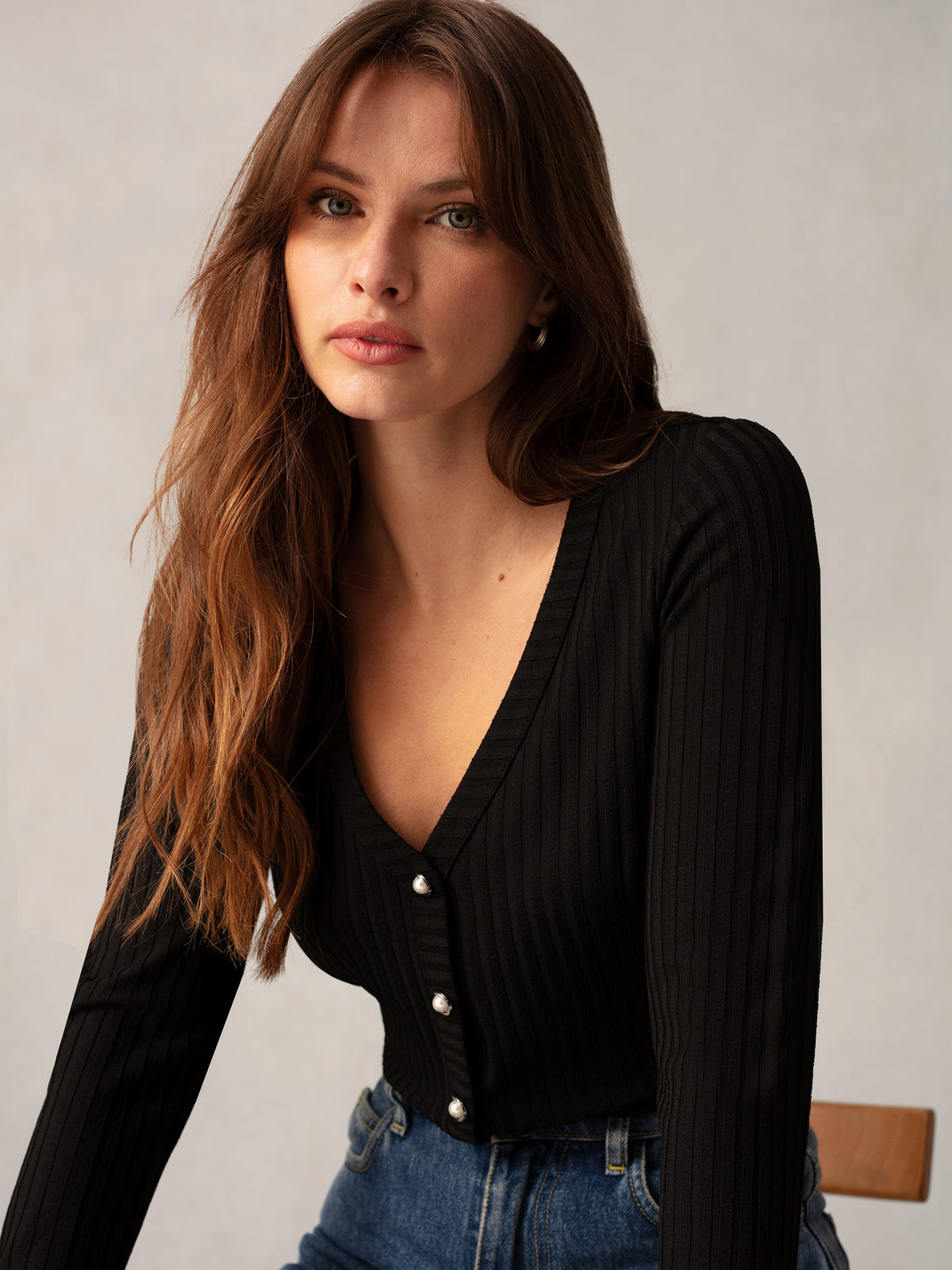Black Button Front Ribbed Jersey Top