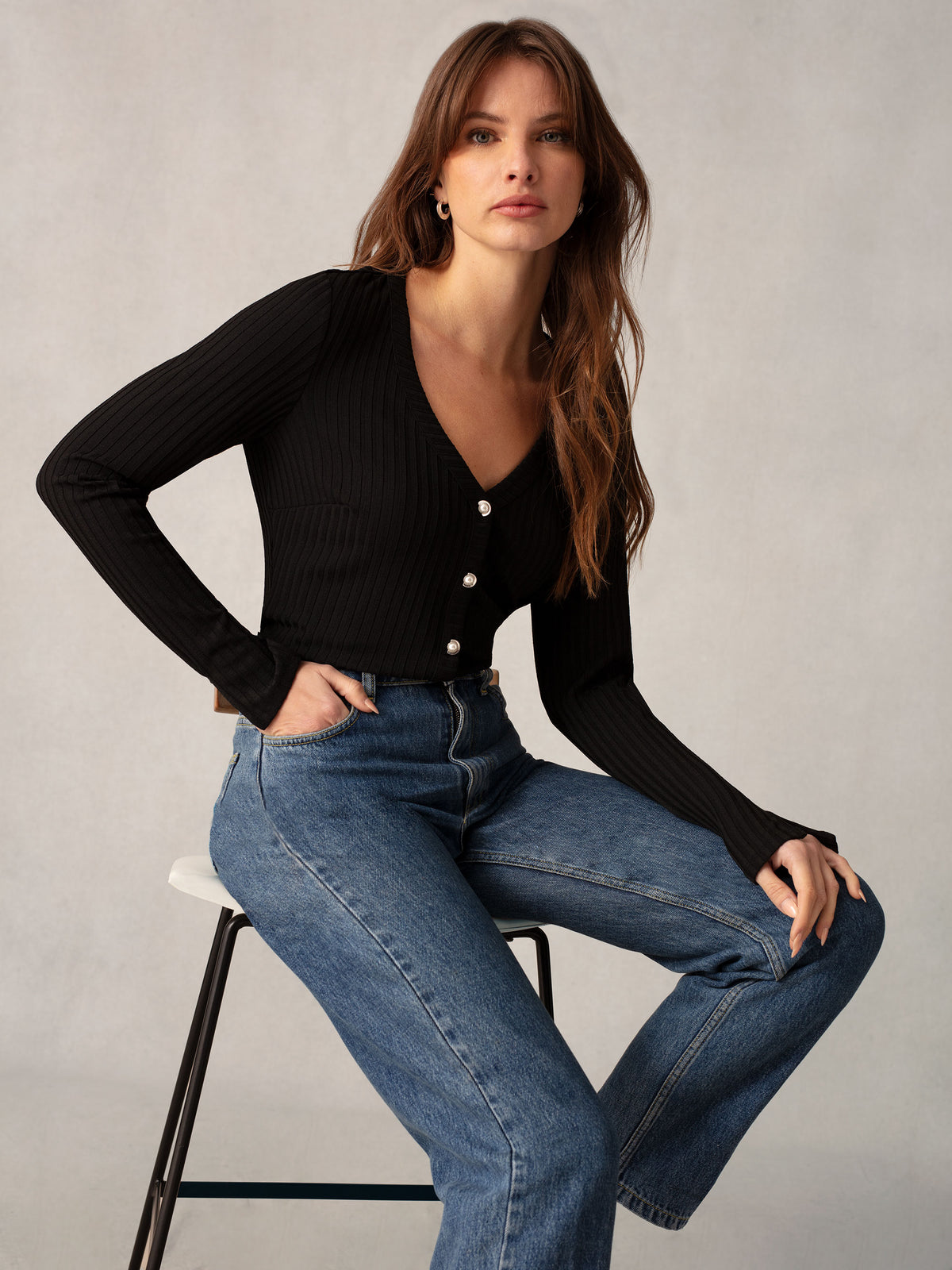 Black Button Front Ribbed Jersey Top