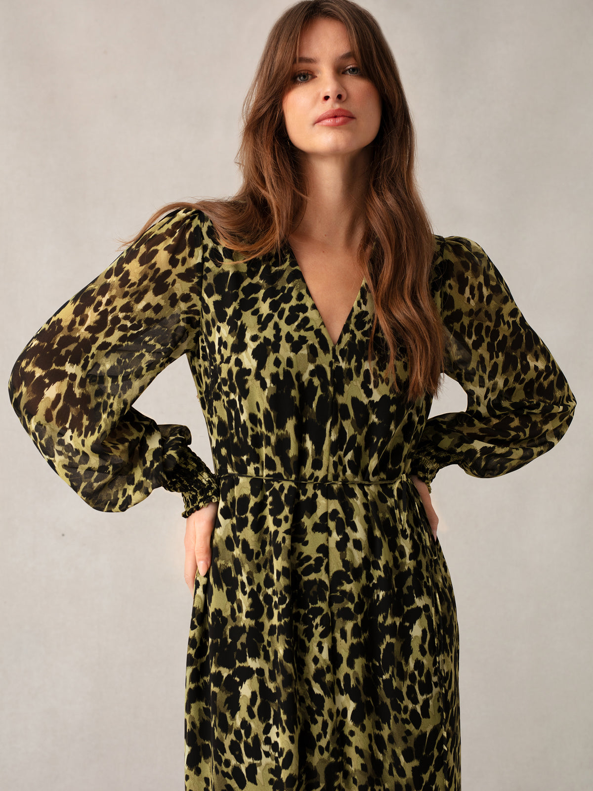 Soft Leopard Print V-Neck Midi Dress
