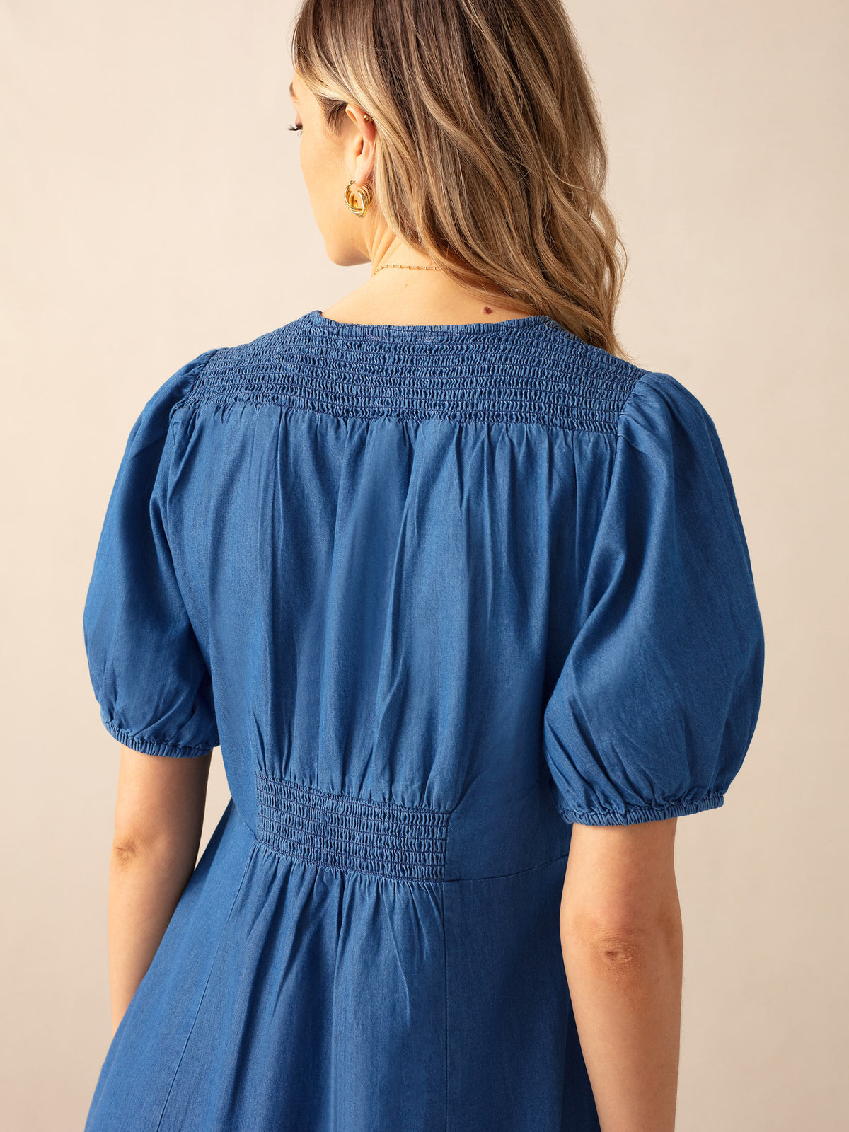 Denim Shirred Shoulder Midi Dress