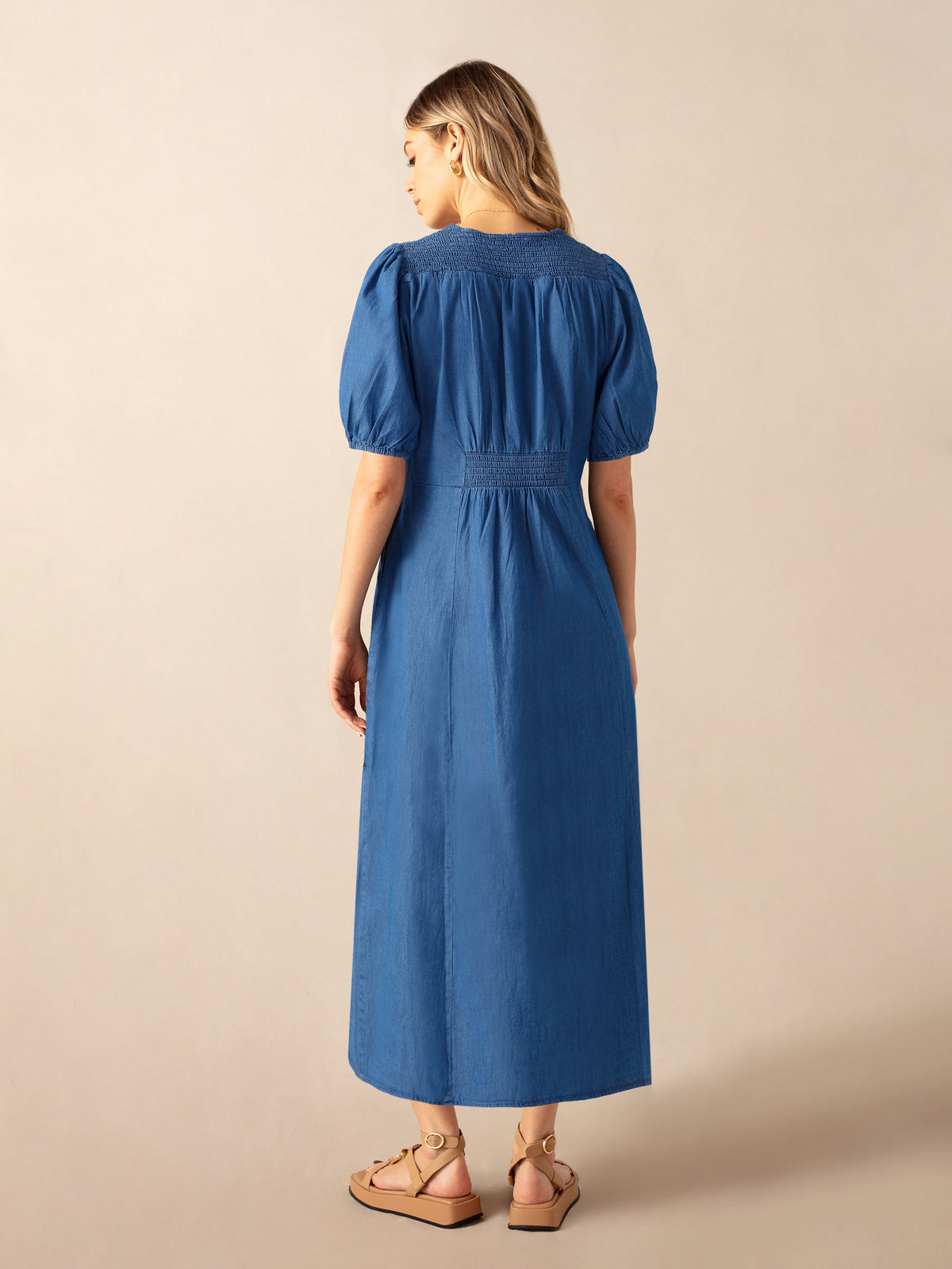 Denim Shirred Shoulder Midi Dress