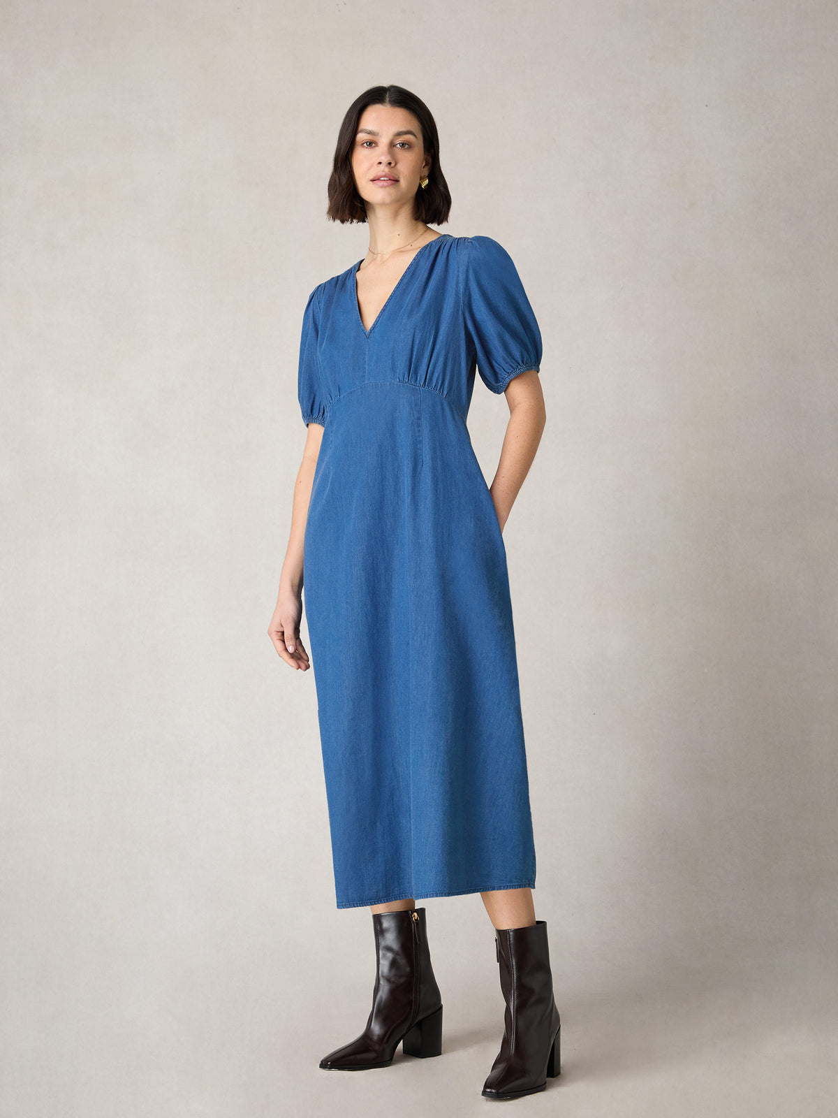 Petite Denim Shirred Shoulder Midi Dress