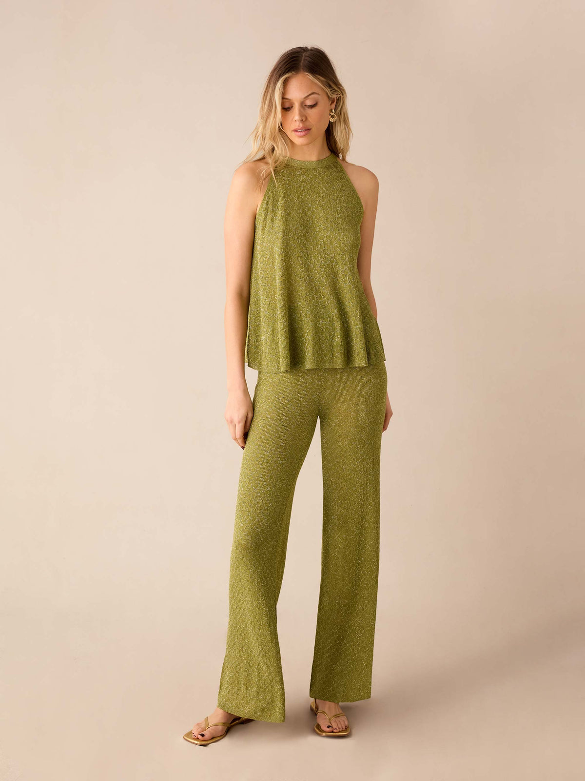Green Sheer Lurex Knit Flared Trousers