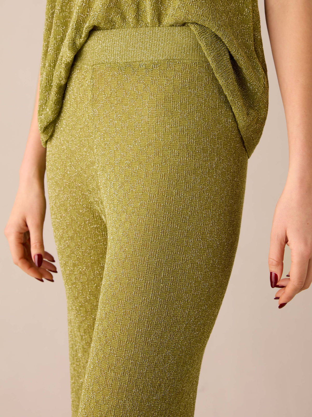 Green Sheer Lurex Knit Flared Trousers