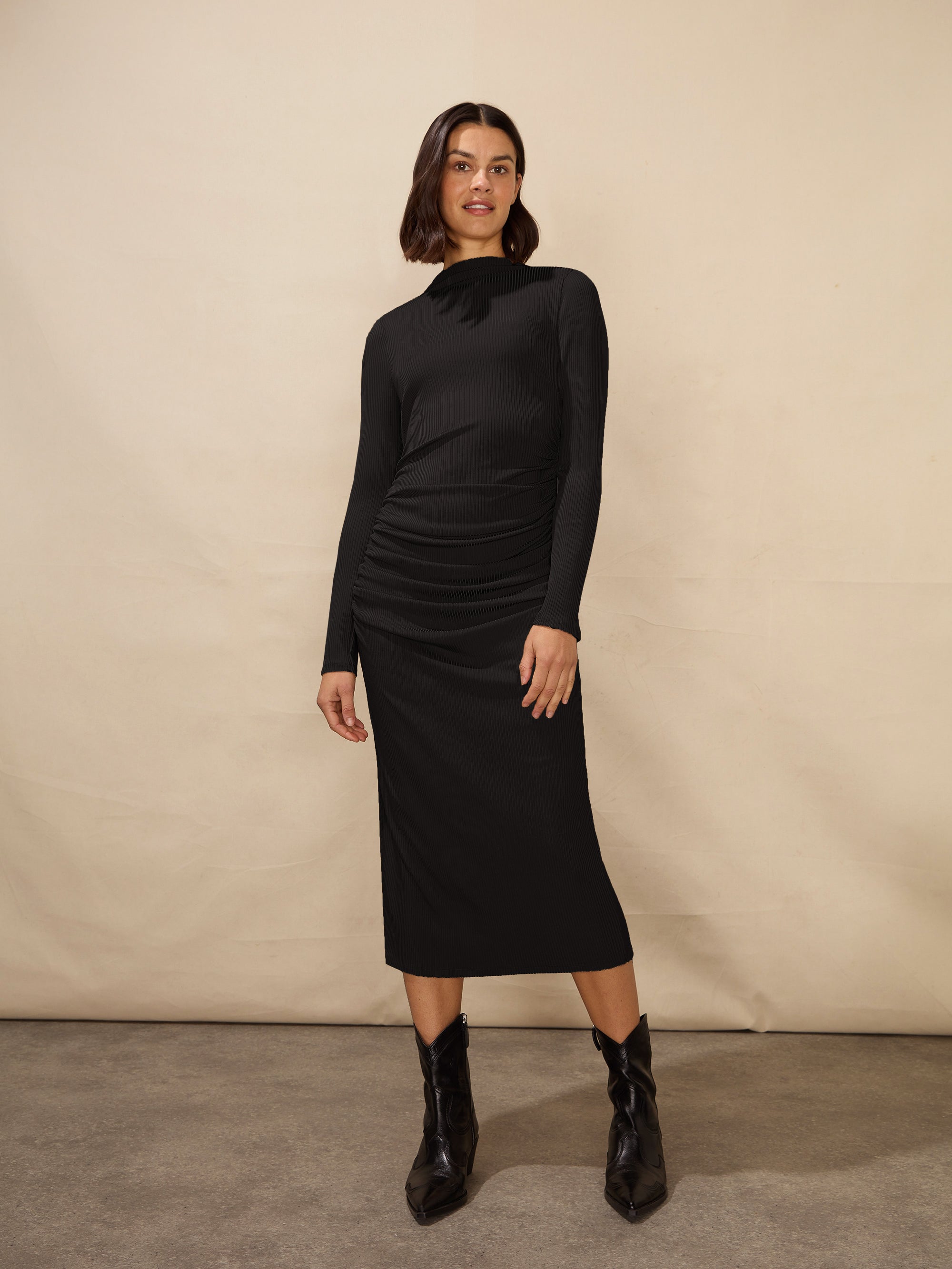 Petite Black Ribbed Jersey Gathered Dress Ro Zo