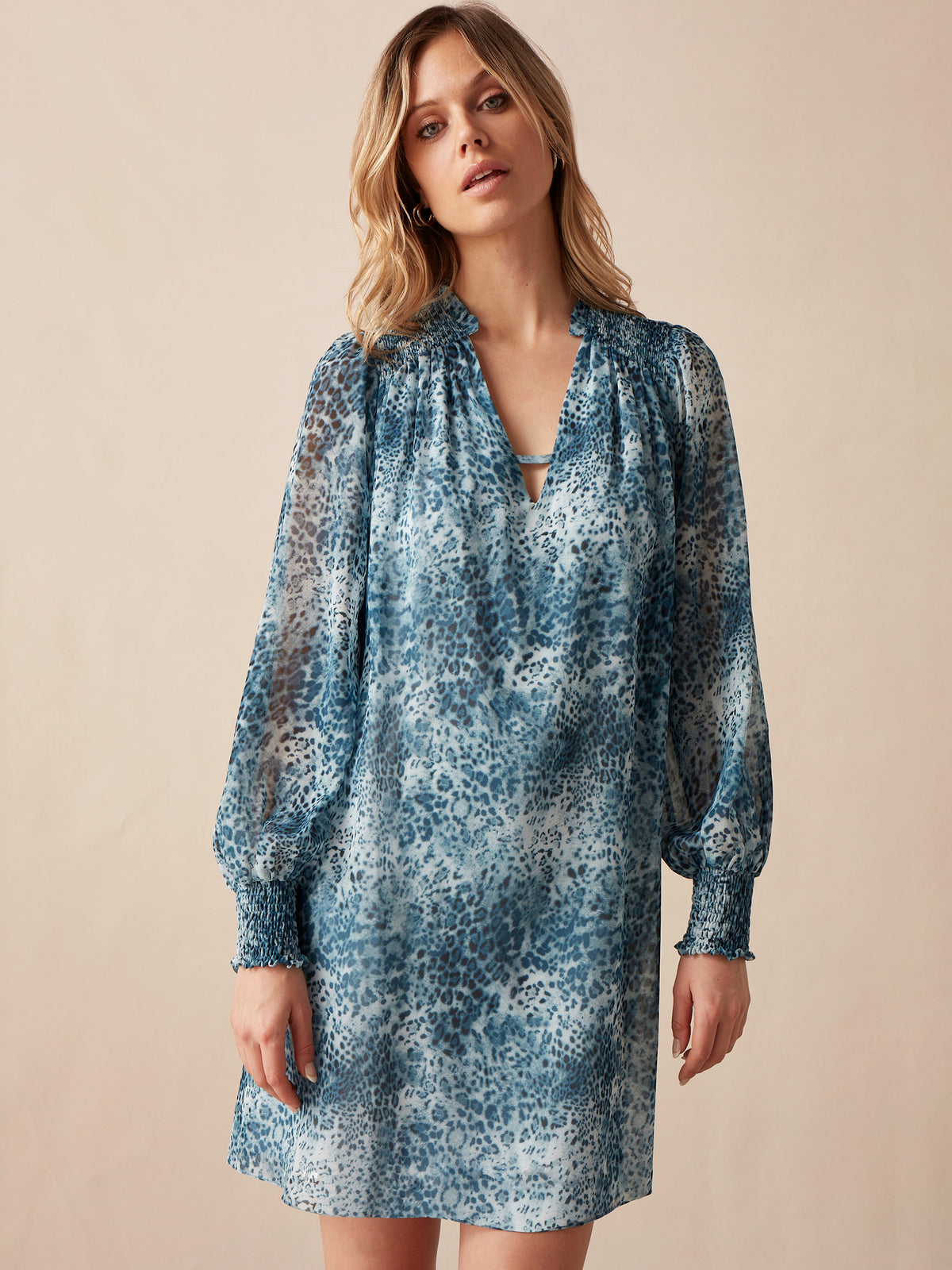 Blue Leopard Print Shirred Shoulder Dress