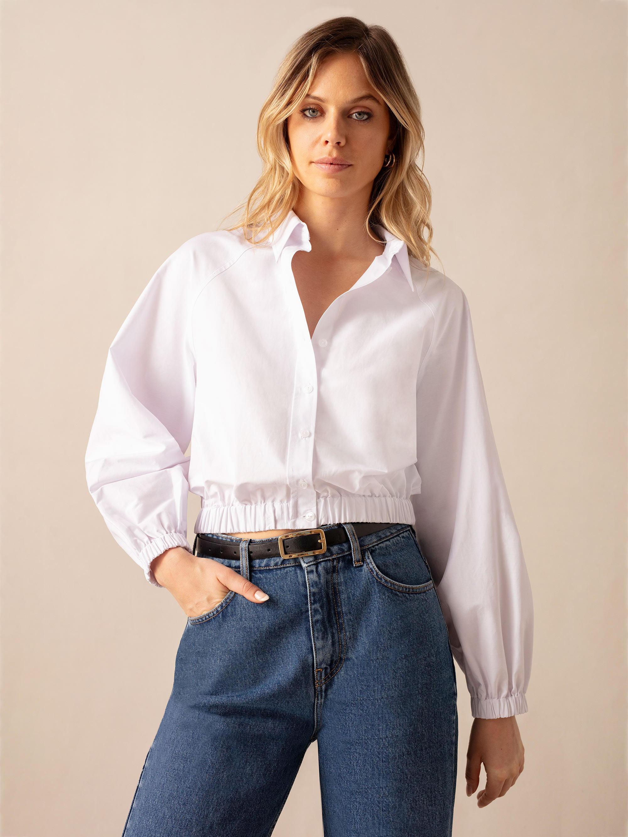 White Cotton Elastic Hem Cropped Shirt Ro Zo