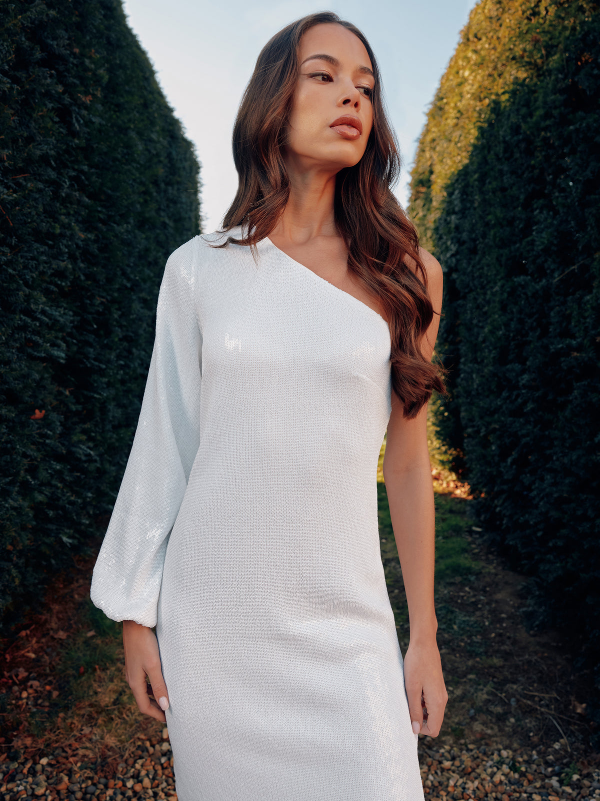 Selena White Sequin One Shoulder Midi Dress