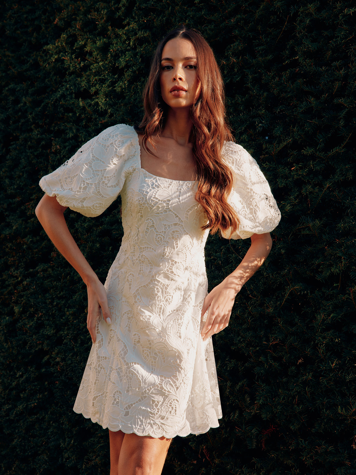 Ivory Lace Puff Sleeve Square Neck Dress
