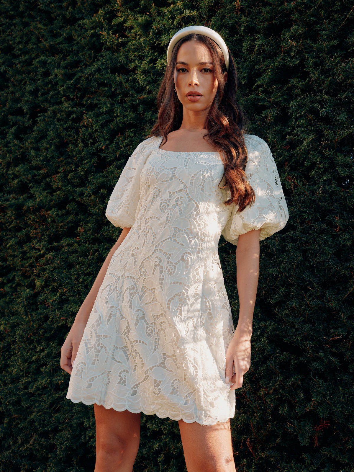 Ivory Lace Puff Sleeve Square Neck Dress