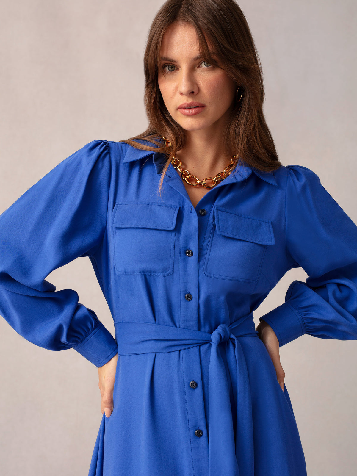 Blue Pocket Detail Midi Shirt Dress