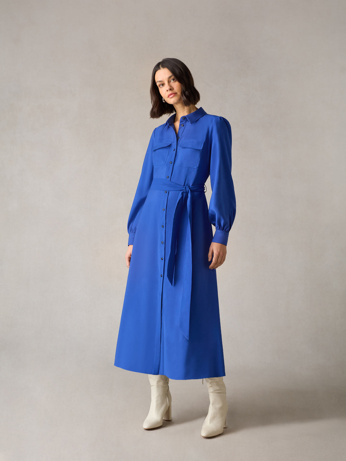 Petite Blue Pocket Detail Midi Shirt Dress