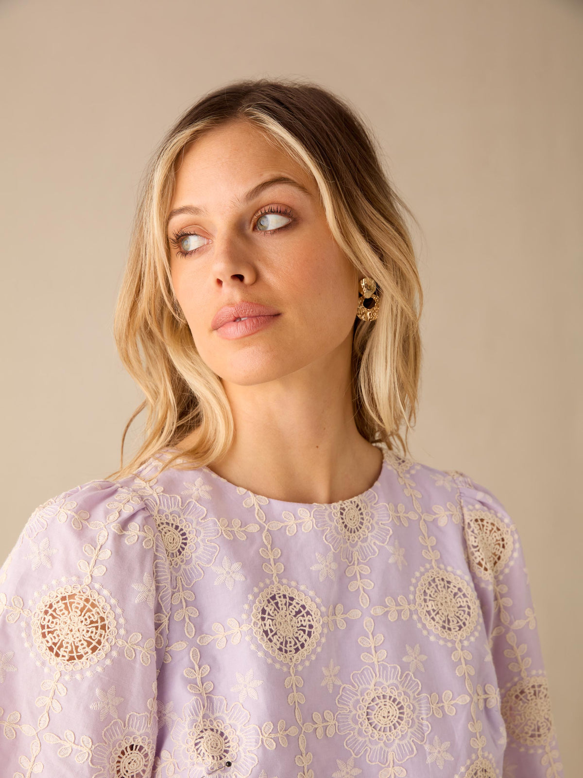 Lilac Broderie Short Sleeve Top