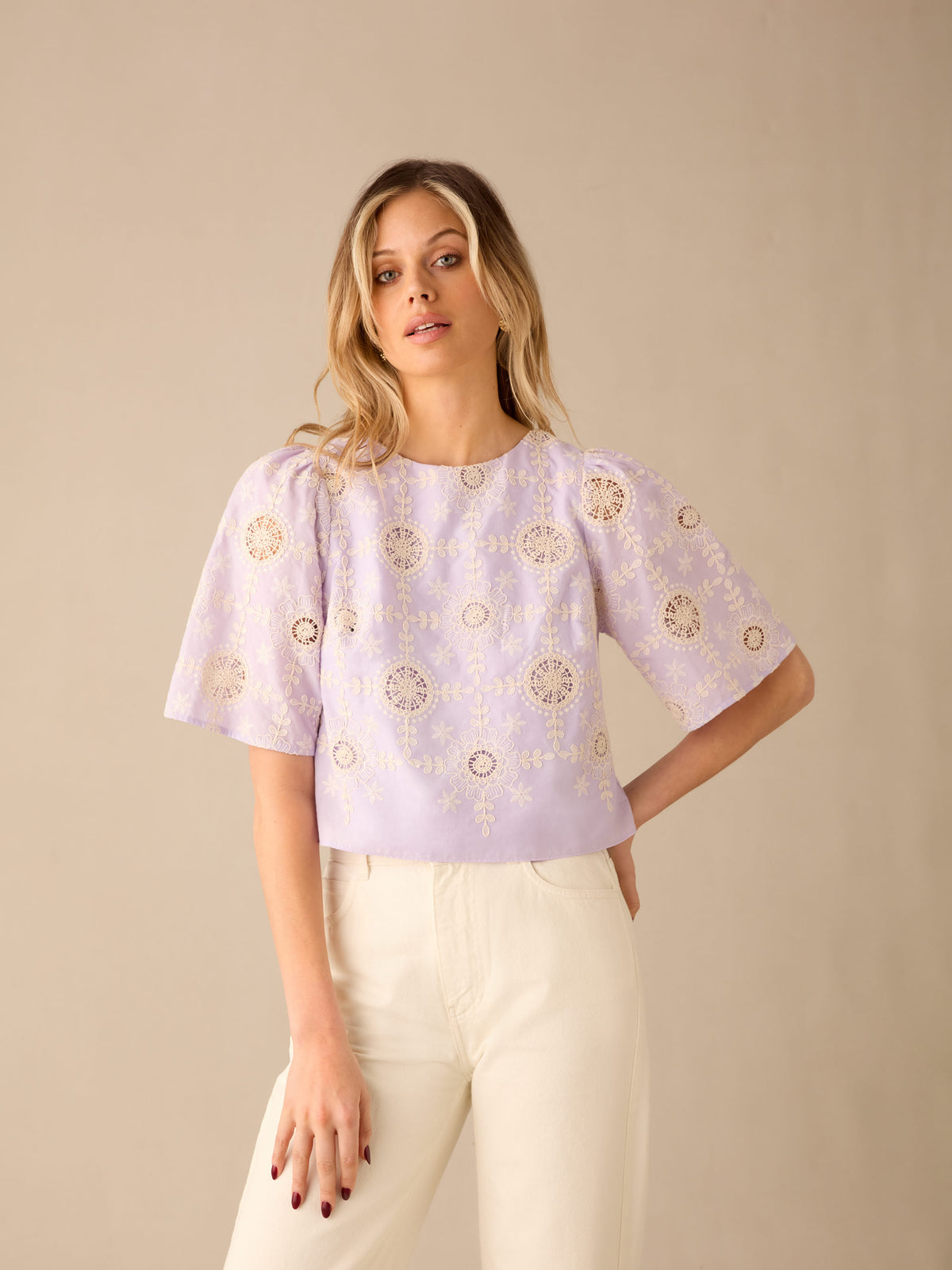 Lilac Broderie Short Sleeve Top