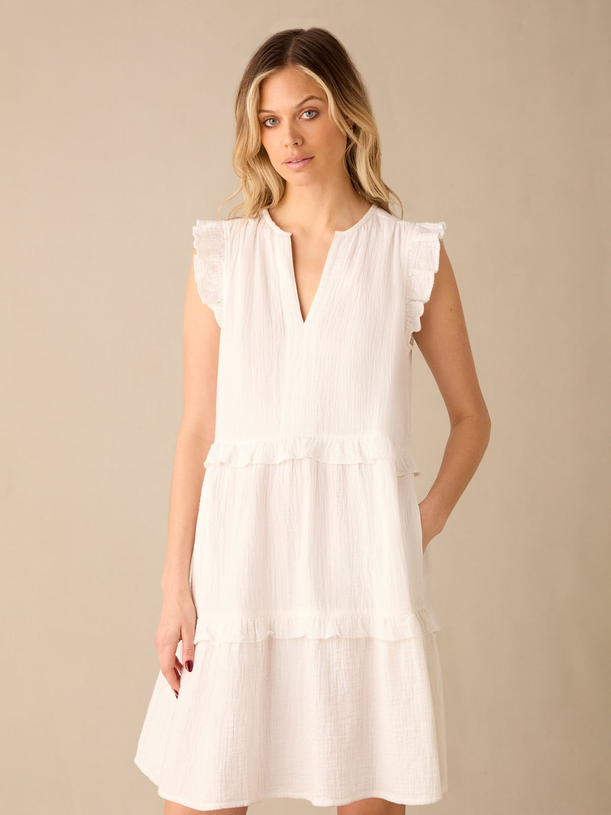 White Frill Detail Cheesecloth Dress